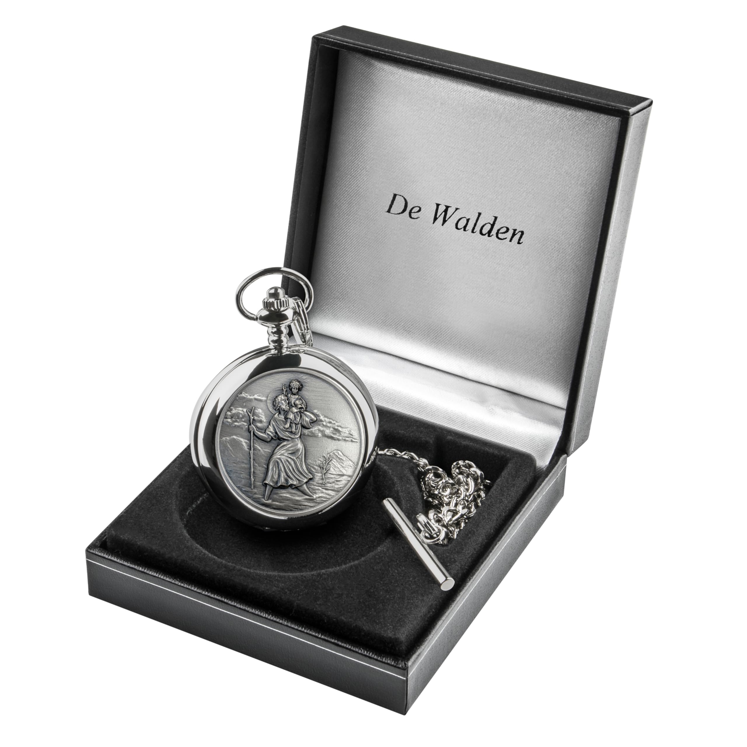 Montre gousset St Christophe en étain avec chaîne et boîte cadeau pour garçon Cadeau de baptême pour garçons filleul petit-fils, Argenté., Classique