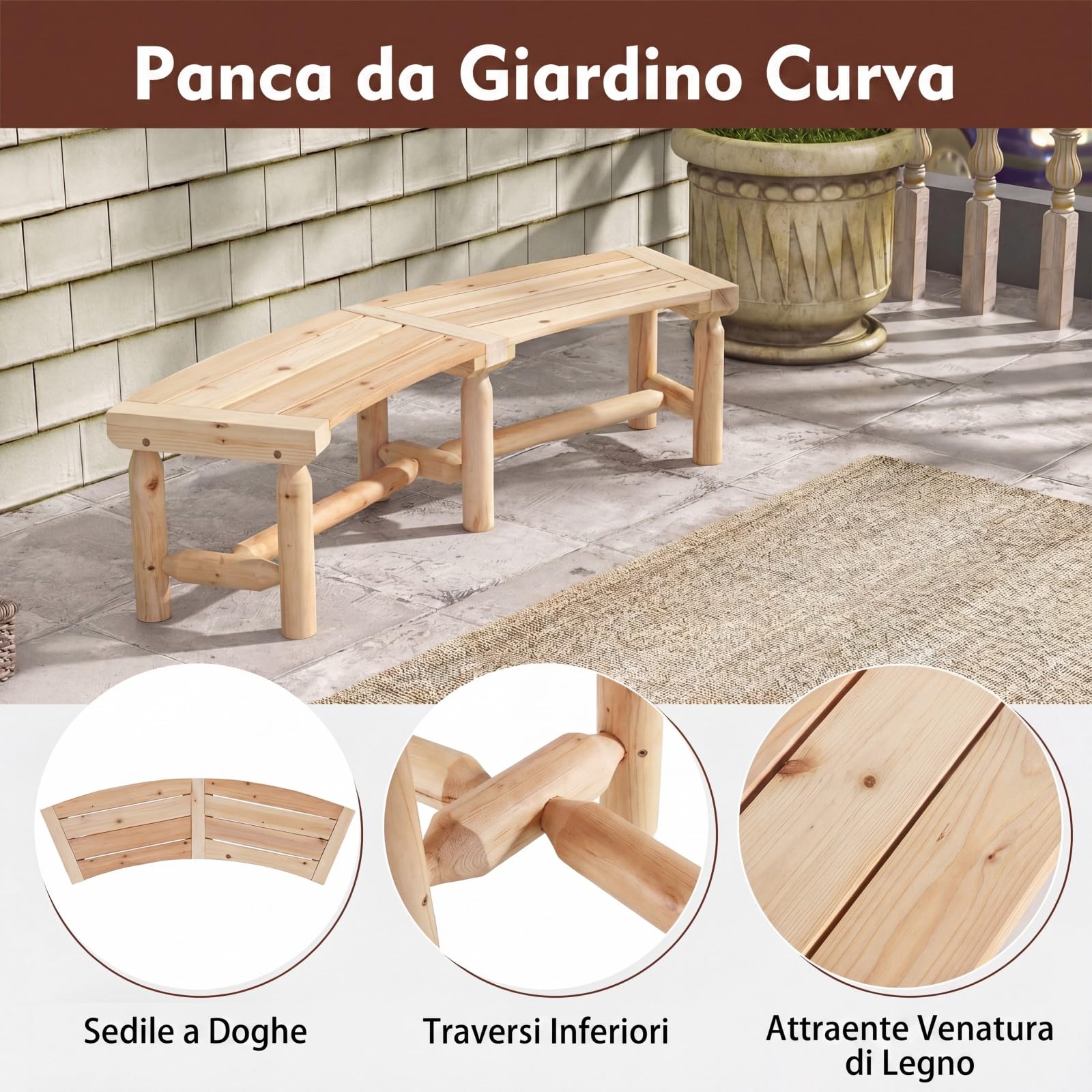 COSTWAY Panchina da Esterno in Legno per 2-3 Persone, Portata 325 kg, Panca Curva con Sedile Ampio e a Doghe, Panchina da Balcone, Giardino e Cortile (Naturale)