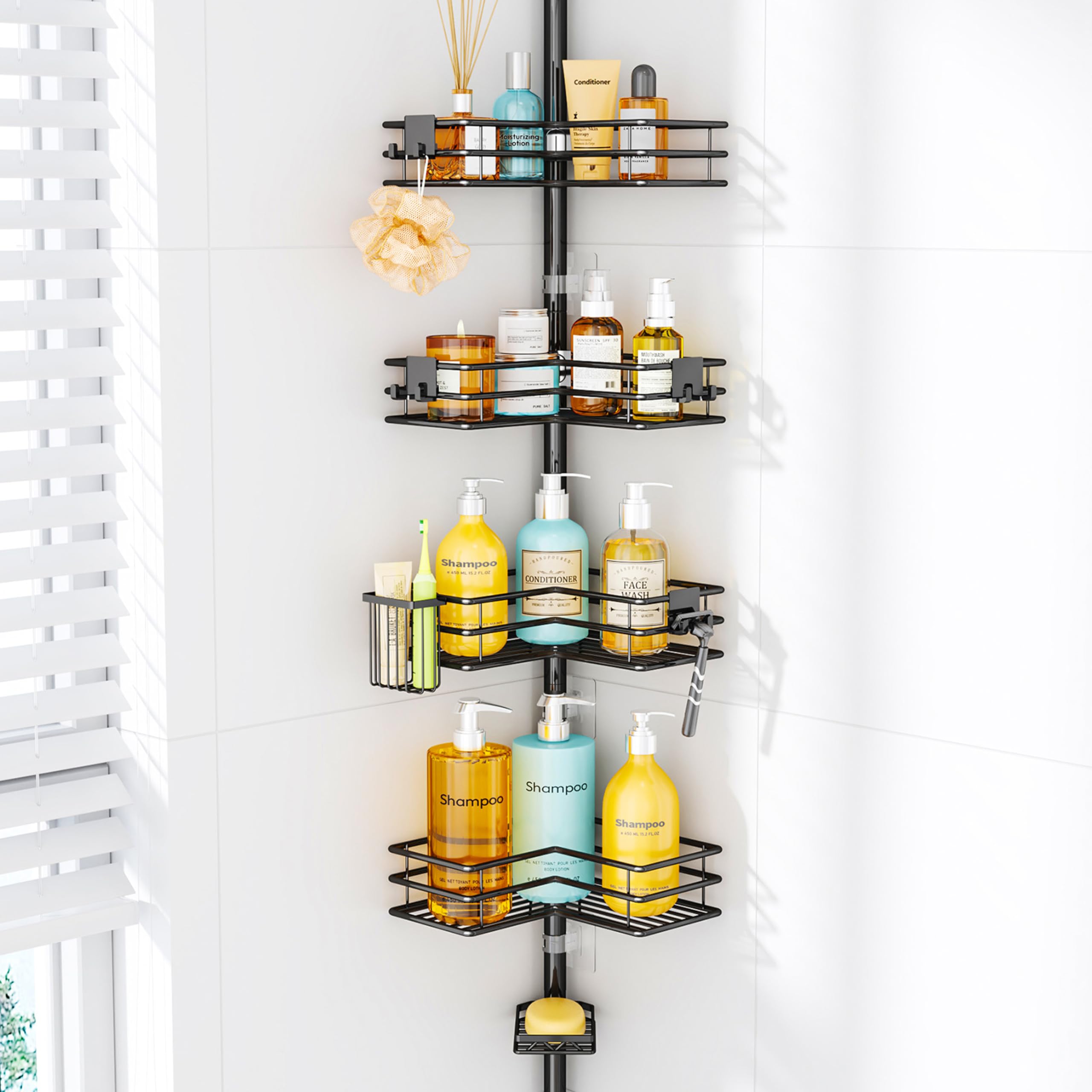 HapiRm Corner Shower Caddy Organizer - Shower Organizer Corner with Soap Holder, Toothbrush Holder and 4 Hooks, Rustproof Bathroom Shelf Tension Pole