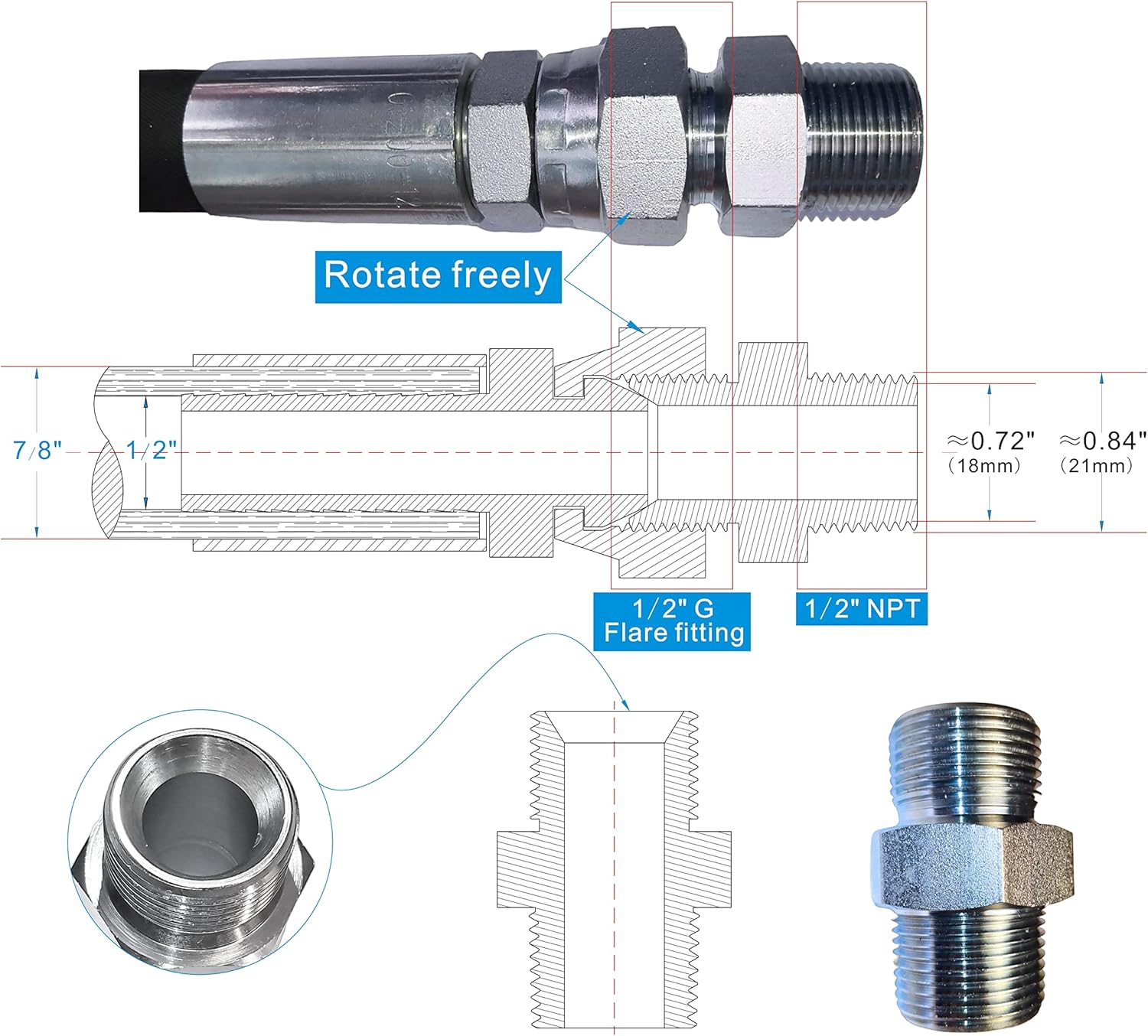Upgraded Compressor Jumper Hose, High-Temperature 320°F, 1/2" x 40"Length, 1/2" NPT Male Connector, Both Sides Fittings Rotate Freely, 700 PSI