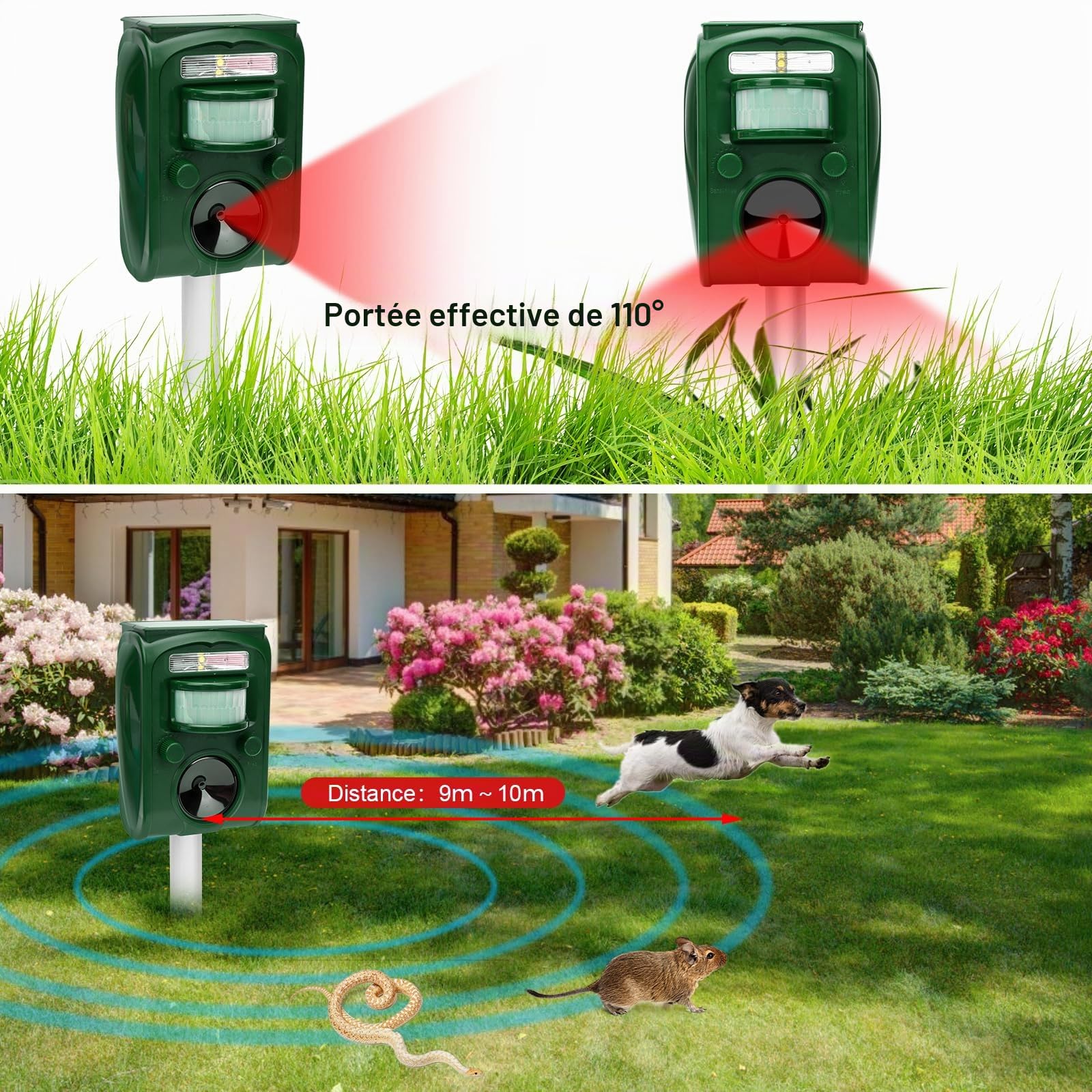 Livoni Répulsif à ultrasons pour chats et renards, répulsif solaire fonctionnant sur batterie pour animaux, répulsif pour chats, imperméable pour jardin, avec piquet au sol