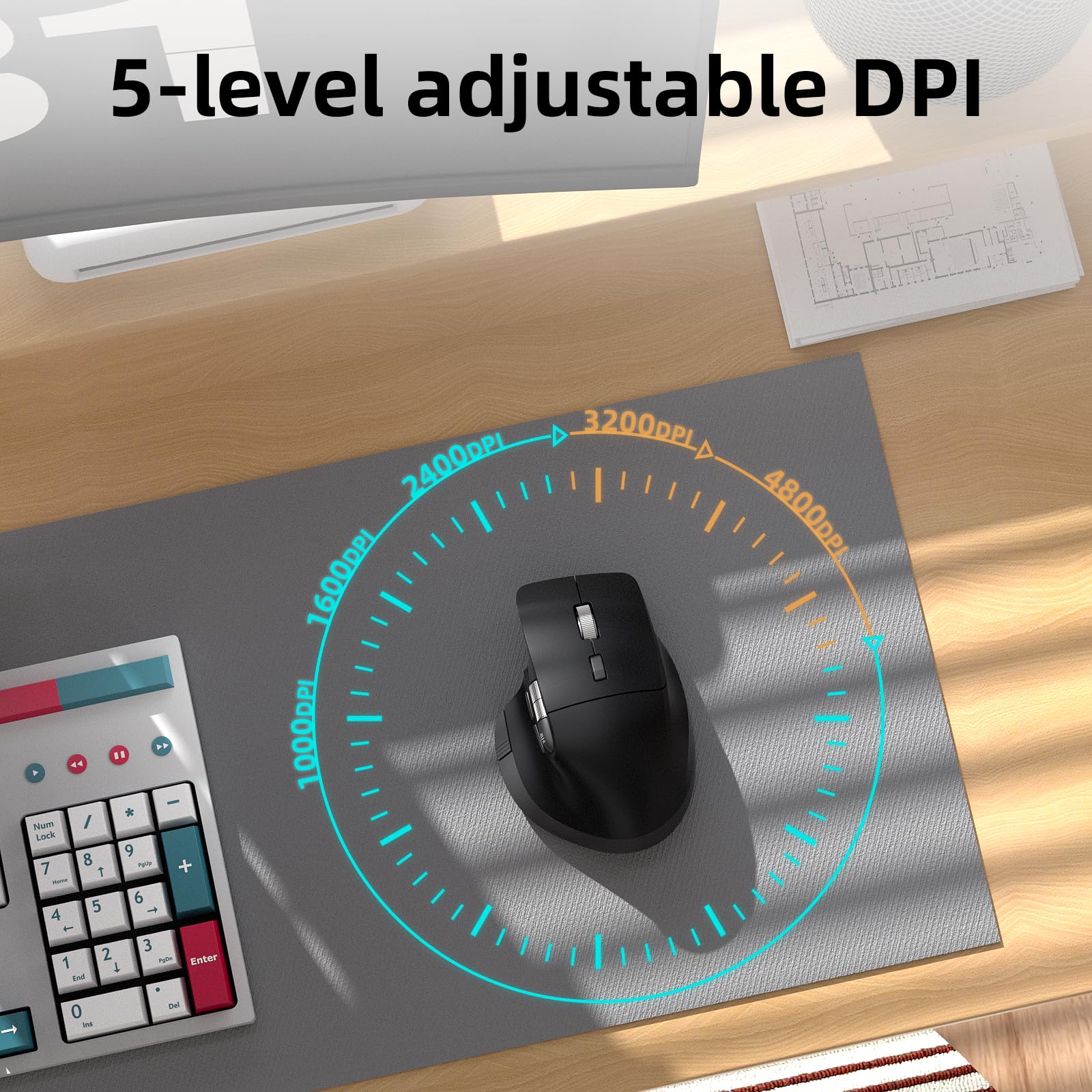 INFINMIND Mouse ergonomico wireless Bluetooth con 6 pulsanti programmabili (Mac/Windows), multi-dispositivo, scorrimento volante e rotella laterale, DPI a 5 livelli, mouse silenziosi ricaricabili per