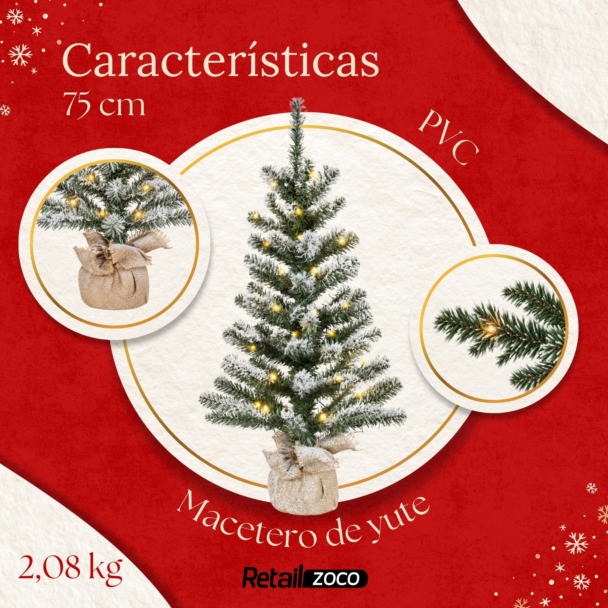 Mini Árbol de Navidad Nevado 75 cm, 35 LED Cálidos y Base de Yute - imagen 4