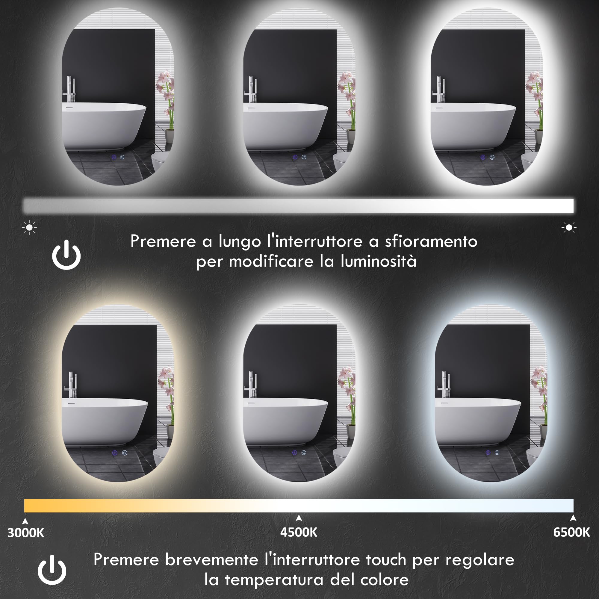 kleankin Specchio da Parete con Luce LED 81x51 cm, 3 Colori 3000-6500K, Luminosità Regolabile, Specchio Bagno Antiappannamento con Funzione Memoria, Interruttori Touch, IP44, Orizzontale/Verticale