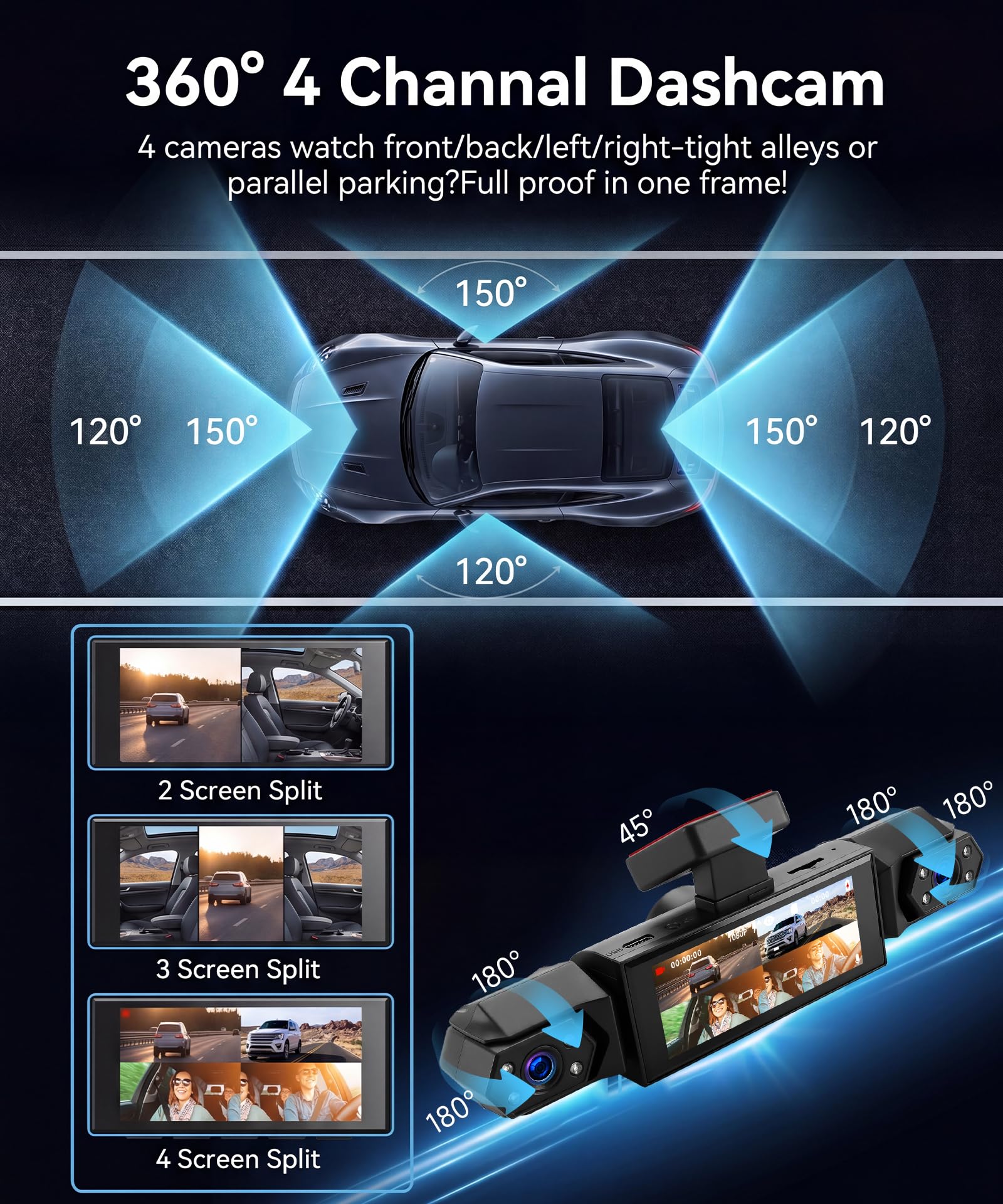 Rimoody 4 Canali 360° Dashcam Auto, 4 Telecamera HD 1080P Anteriore e Posteriore Sinistra Destra, 3.16 Pollici Schermo IPS Dash Cam con Visione Notturna 8 IR/Loop Video/24H Parcheggio Monitor
