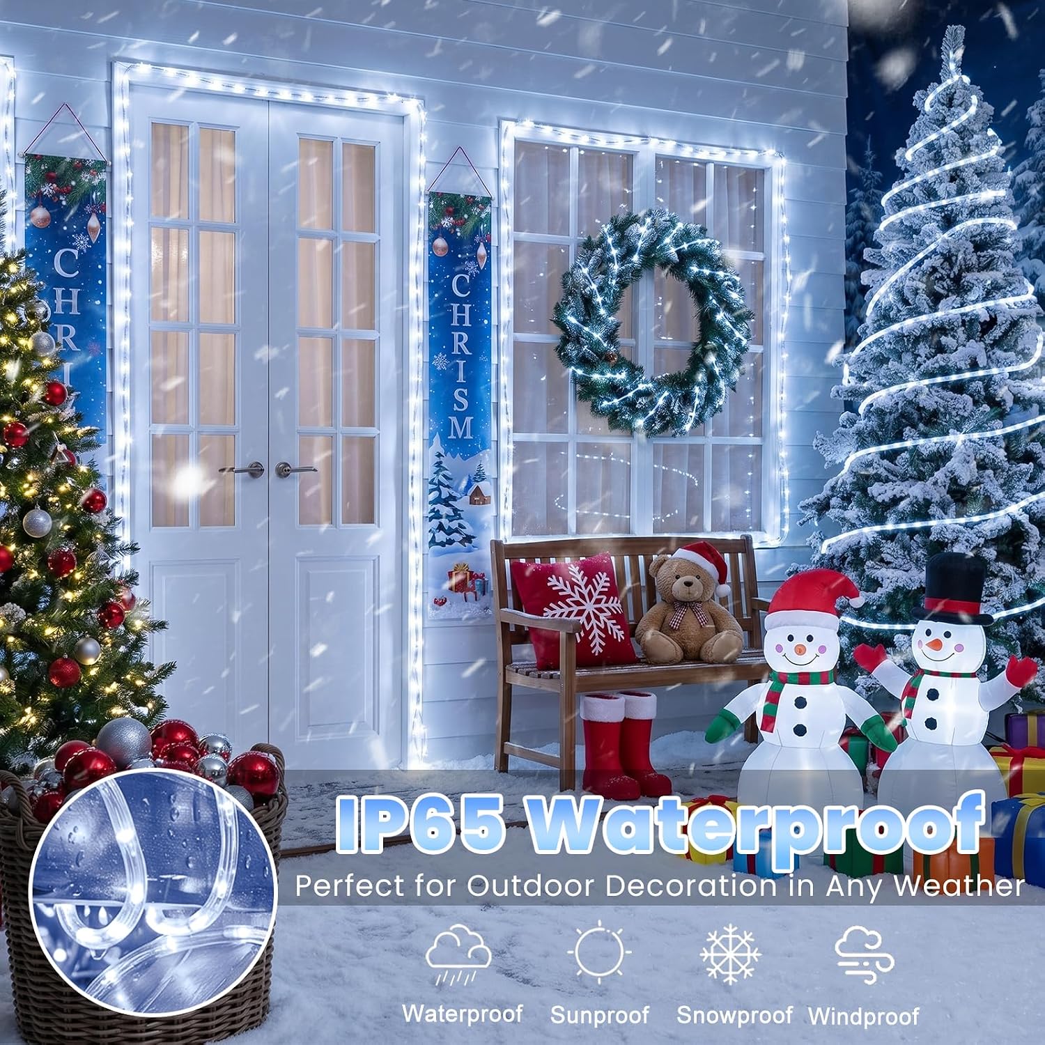 Vivideal 50FT Rope Lights Outdoor Waterproof 360 LED Rope Lights for Outside, Connectable 110V Rope Lights Indoor for Garden, Bedroom, Pool, Patio, Christmas, Tree Decorations, Cool White