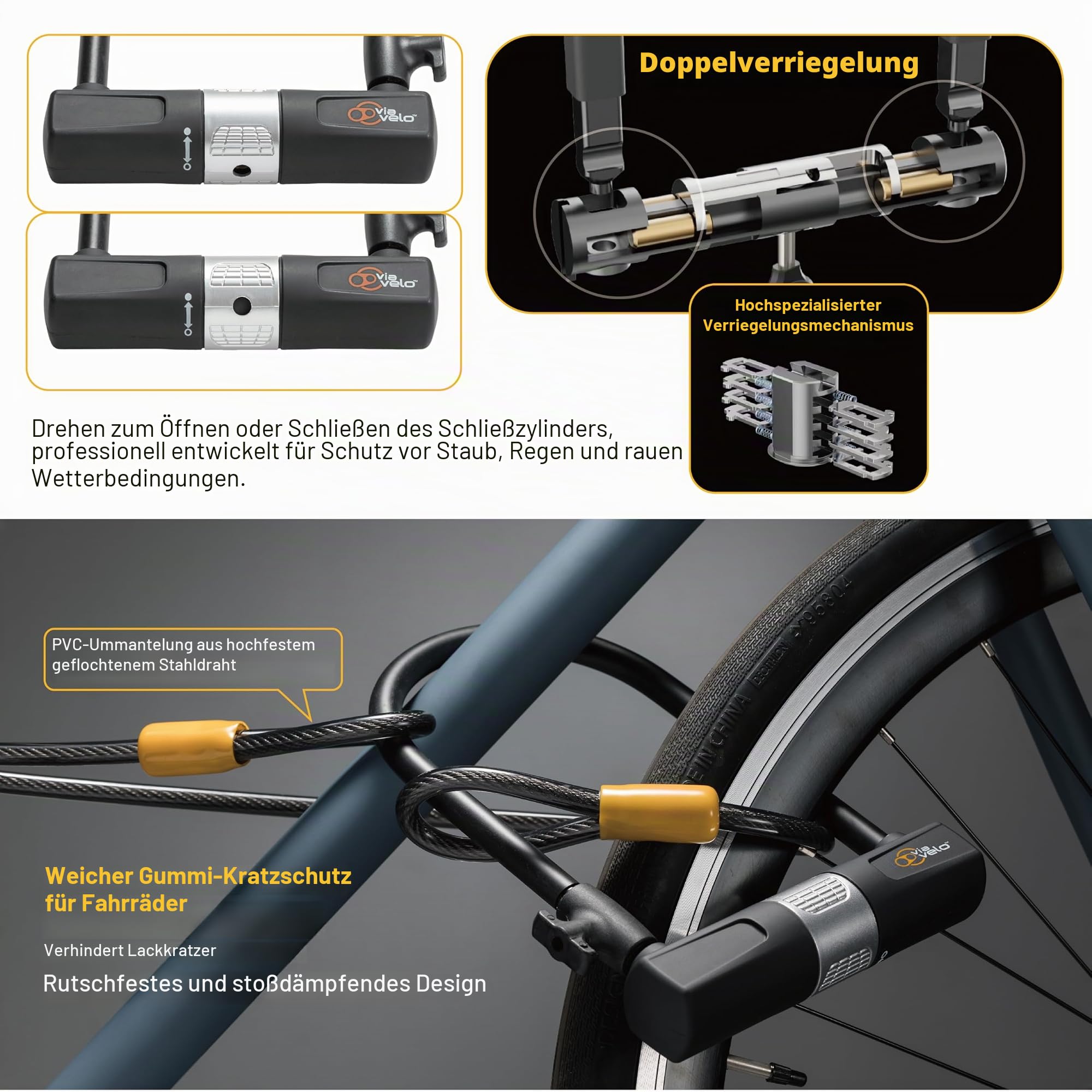 Via Velo Bügelschloss mit Kabel 2er Set, Fahrrad U-Schloss Set, 14 mm Stahl Bügel, 4 Sicherheitsschlüssel