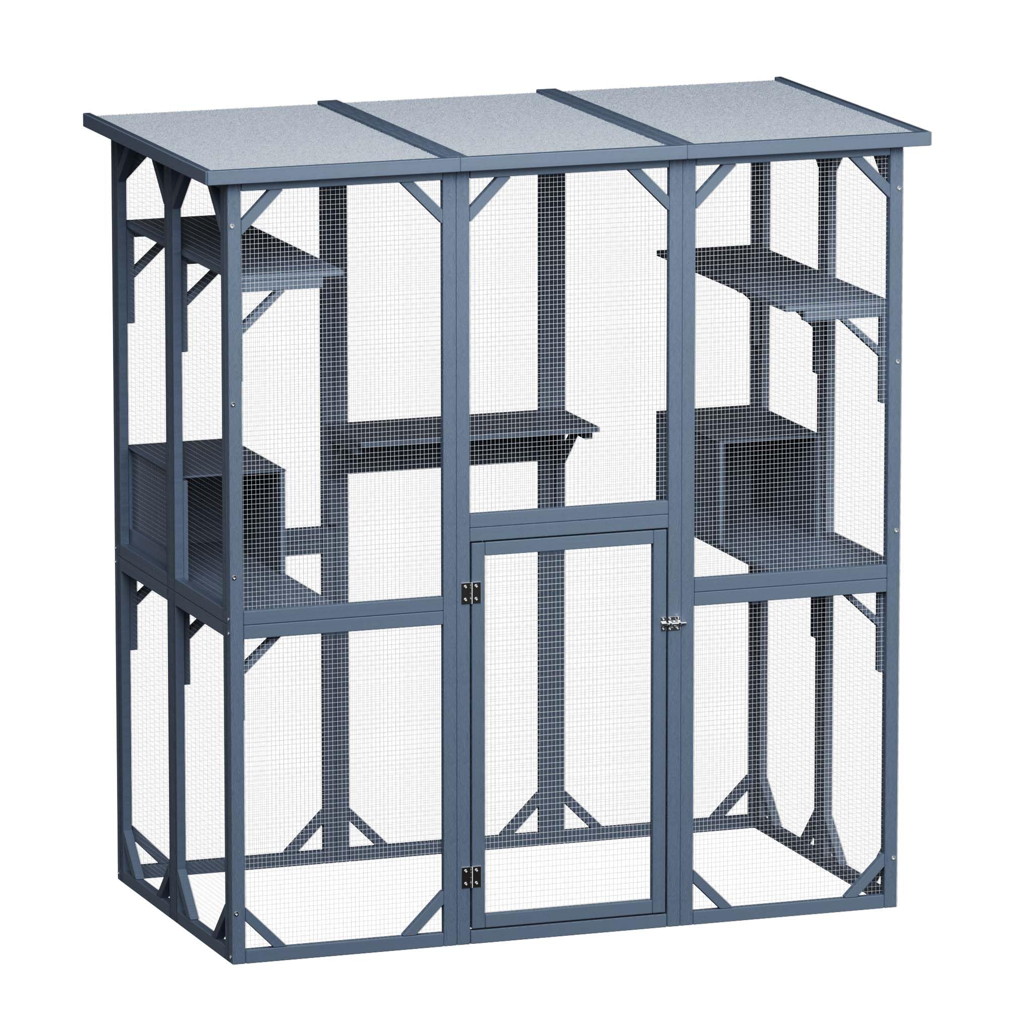 Wiltec Recinto de Exterior para Gatos 1705 x 925 x 1810 mm Gris en Madera de Abeto, Malla de Acero galvanizado Techo asfaltico Puerta Amplia Diversos Niveles para más Actividad Felina