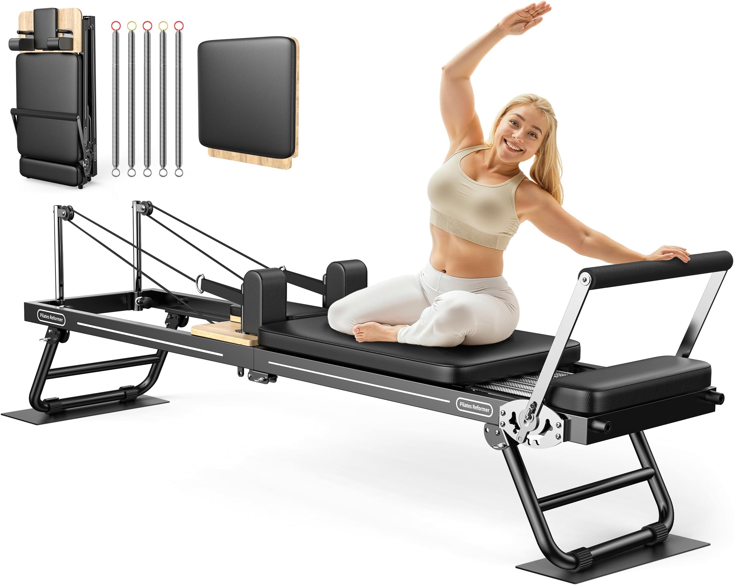 Pilates Reformer, 89'' Foldable Pilates Machine & Equipment for Home Use and Gym Workout, with Springs and Jumpboard, Pilates Equipment for Advanced and Beginners Users, Up to 300 lbs