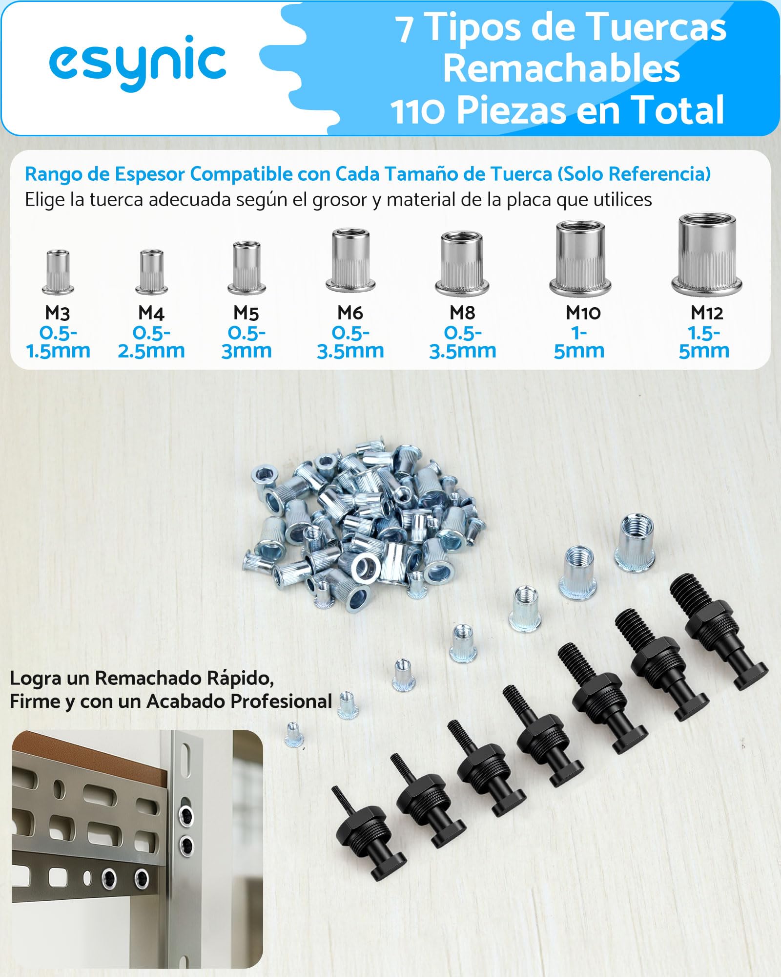 eSynic Remachadora de Tuercas 13 Pulgadas M3-M12 con 110 Tuercas Pistola Remachadora Manual Herramienta de Remache Roscas y Alicate de Tuerca Roscada Profesional para Metal Taller Coche y Bricolaje
