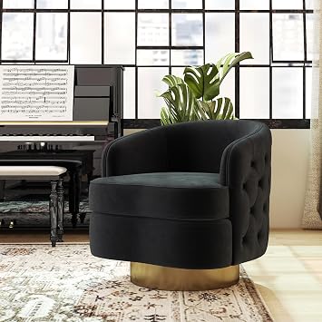 360 Degree Swivel Barrel Accent Chair, Modern Tufted Velvet Upholstered Round Arm Chair with Tall Backrest, Side Reading Seat Single Sofa for Living Room, Black