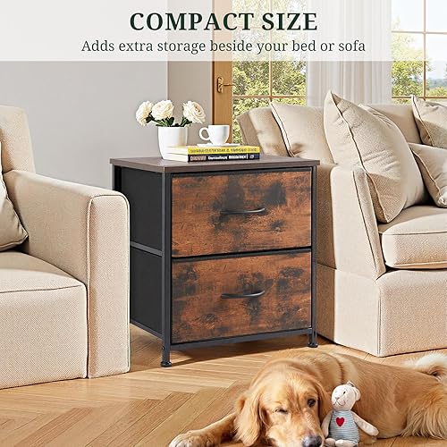 Miniatura 5 de Mesita de noche, pequeña mesa auxiliar de 2 cajones, muebles de noche, contenedores de tela superior de madera para dormitorio, armario, entrada,