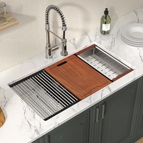 Miniatura 98 de Lordear Fregadero de cocina de montaje inferior de 23 pulgadas, estación de trabajo, fregadero de cocina de acero inoxidable calibre 16, cuenco