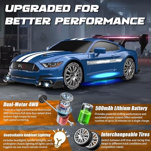 Miniatura 9 de Coche de deriva a control remoto a escala 124 para niños, 2.4 GHz, 20 KMH, 4WD, autos RC de alta velocidad con luz LED, dos baterías y neumáticos de