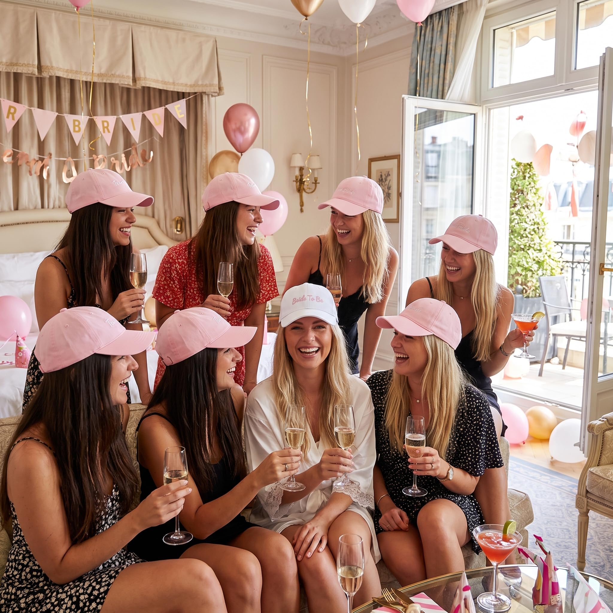 JGA Caps Set (8er Pack) – 1x Weiß mit „Bride to be“ & 7X Rosa mit „Team Bride“ Aufschrift – Junggesellinnenabschied Accessoires & Deko für Frauen