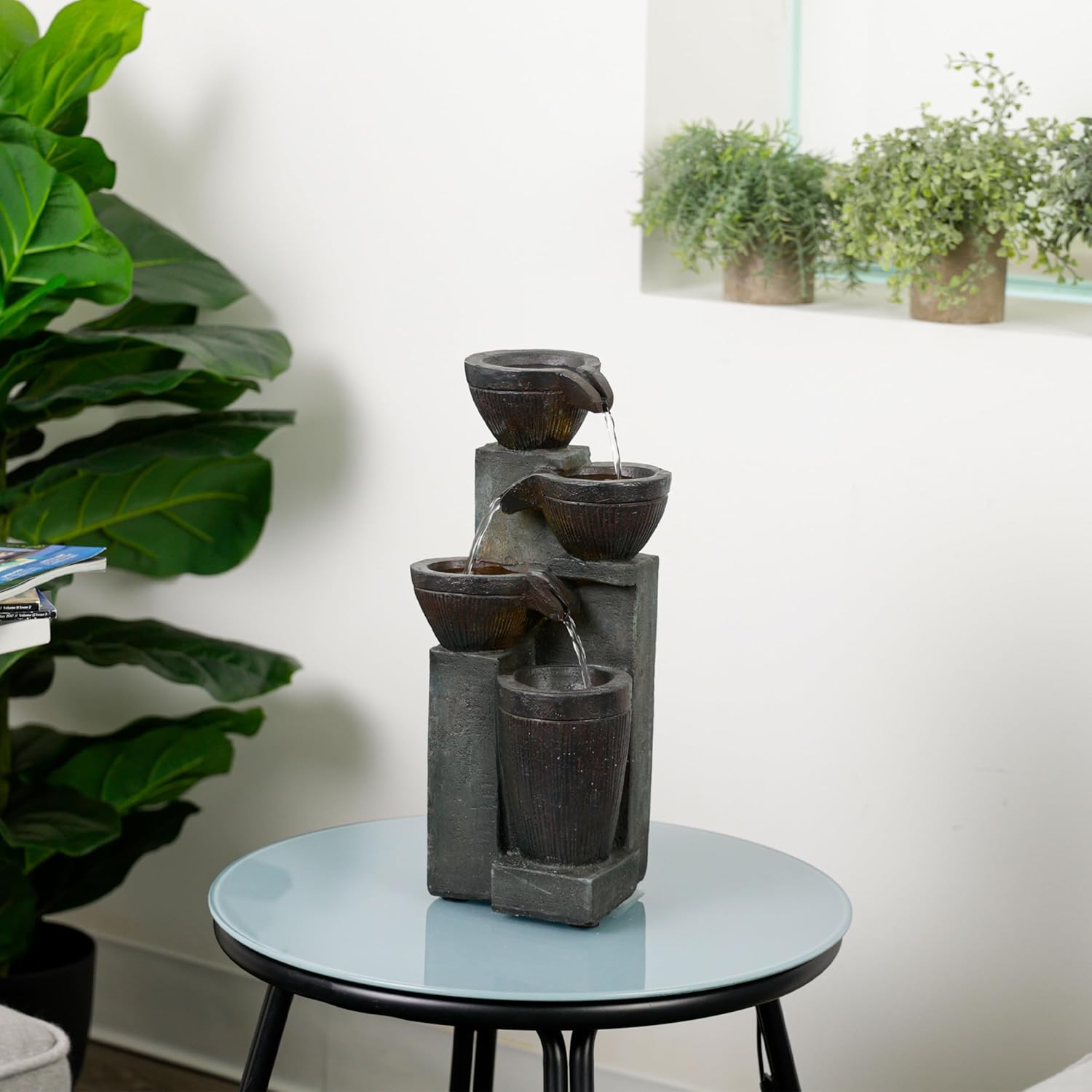 Alpine Corporation 14" Tall Stoned Jar Water Fountain with Cascading LED Lights, Stylish Tabletop Water Feature for Home, Office, Living Room, Bedroom Decor, Multi-Color