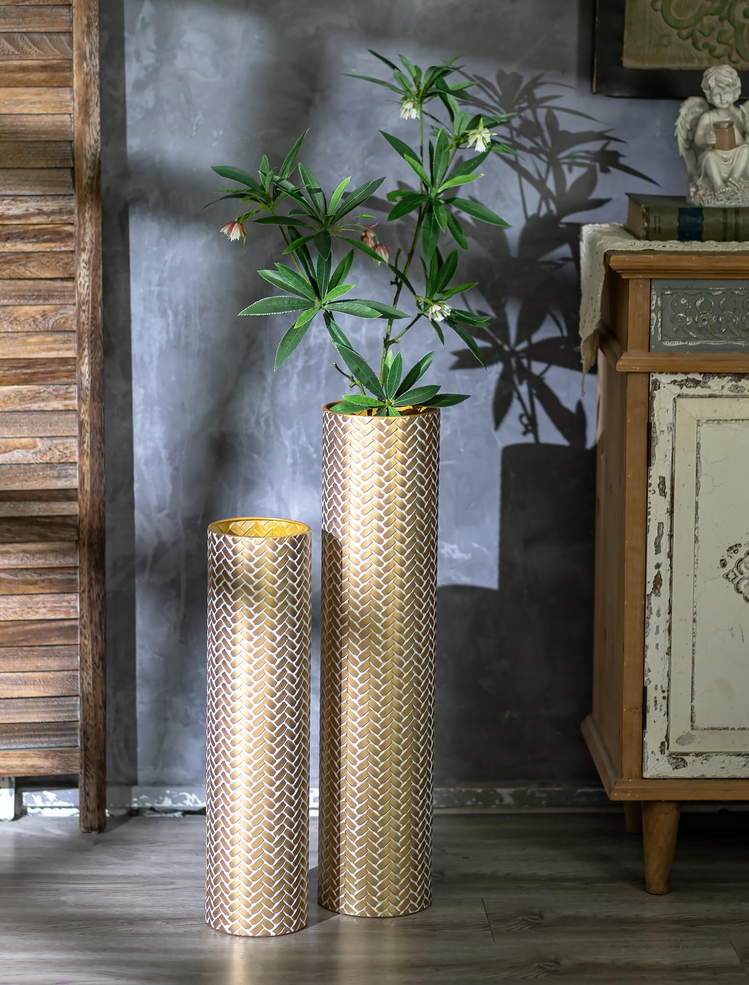 Sziqiqi Vaso da Terra Alto Oro: Vasi Alti Extra Grandi Per Soggiorno 70/55 cm - Metallo Vaso da Pavimento Giganti Alti Set di 2 per Camera da Letto Ufficio Corridoio