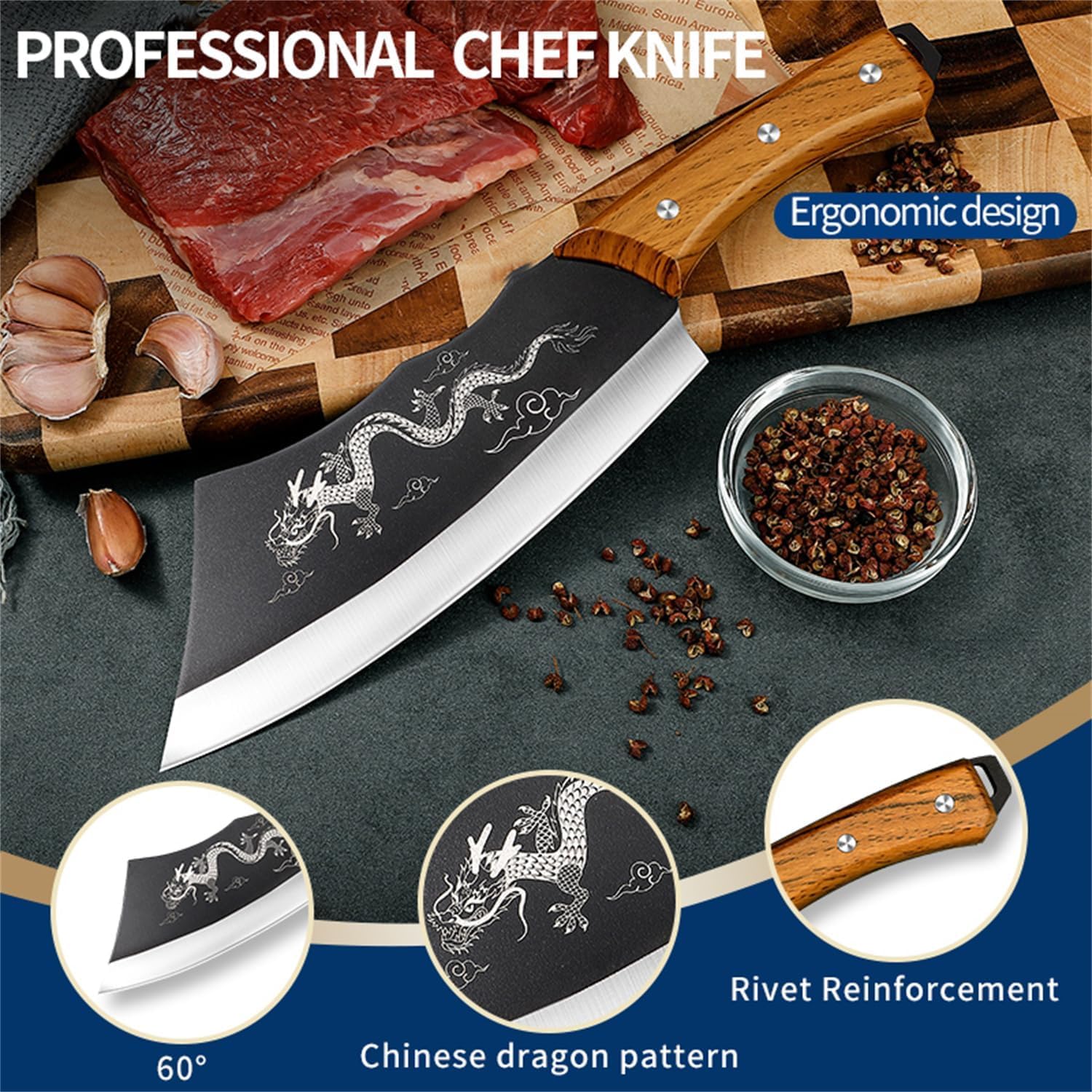 Dragon Cleaver Knife 8" Heavy-Duty Bone Chopper with Gift Box & Leather Sheath – Ultra-Sharp Stainless Steel Chinese Dragon Meat Cleaver for Kitchen, BBQ, Camping & Outdoor Cooking - Image 4