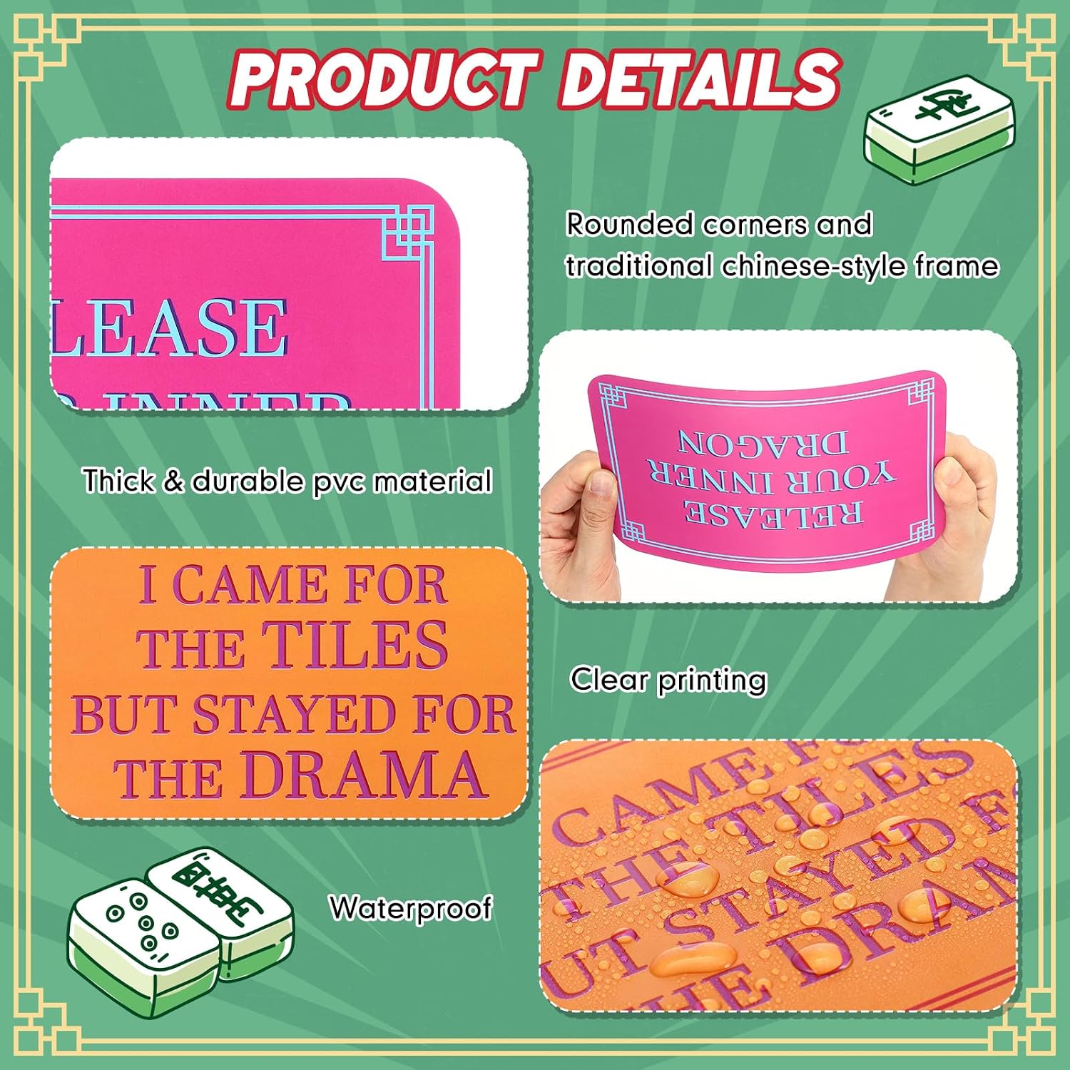 4 Pcs Mahjong Tile Shuffler Horizontal Mahjong Shuffler Cards with Chinese Traditional Style Frame & Funny Sayings Thick Plastic Mah Jong Accessories and Gifts for Lovers Playing