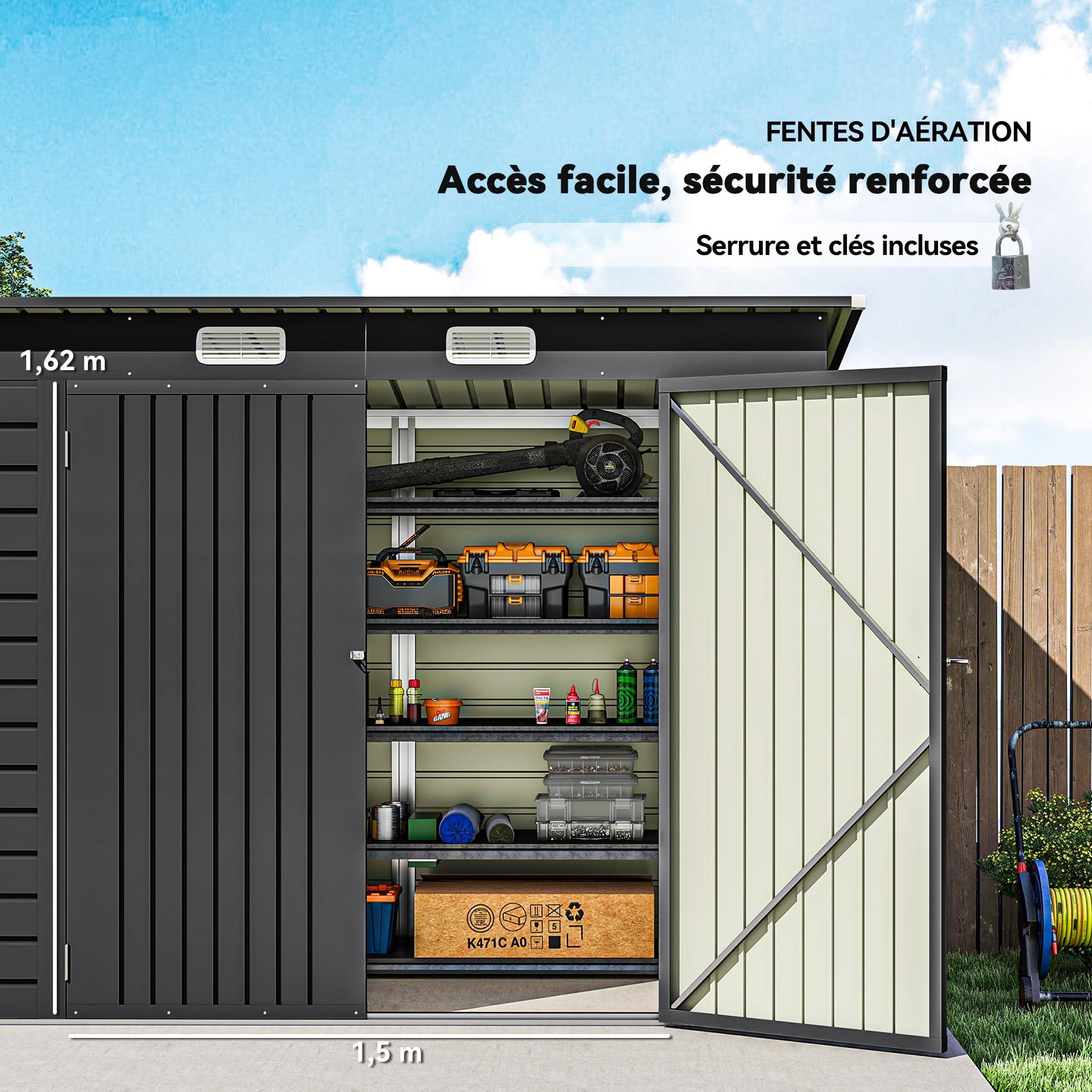 Outsunny Abri de Jardin en Métal 3 m², Cabane de Jardin 249x121x183cm, Structure en Acier Galvanisé Améliorée, Cabanon Rangement Outils, Gants, Portes Verrouillables, Aérations, Gris