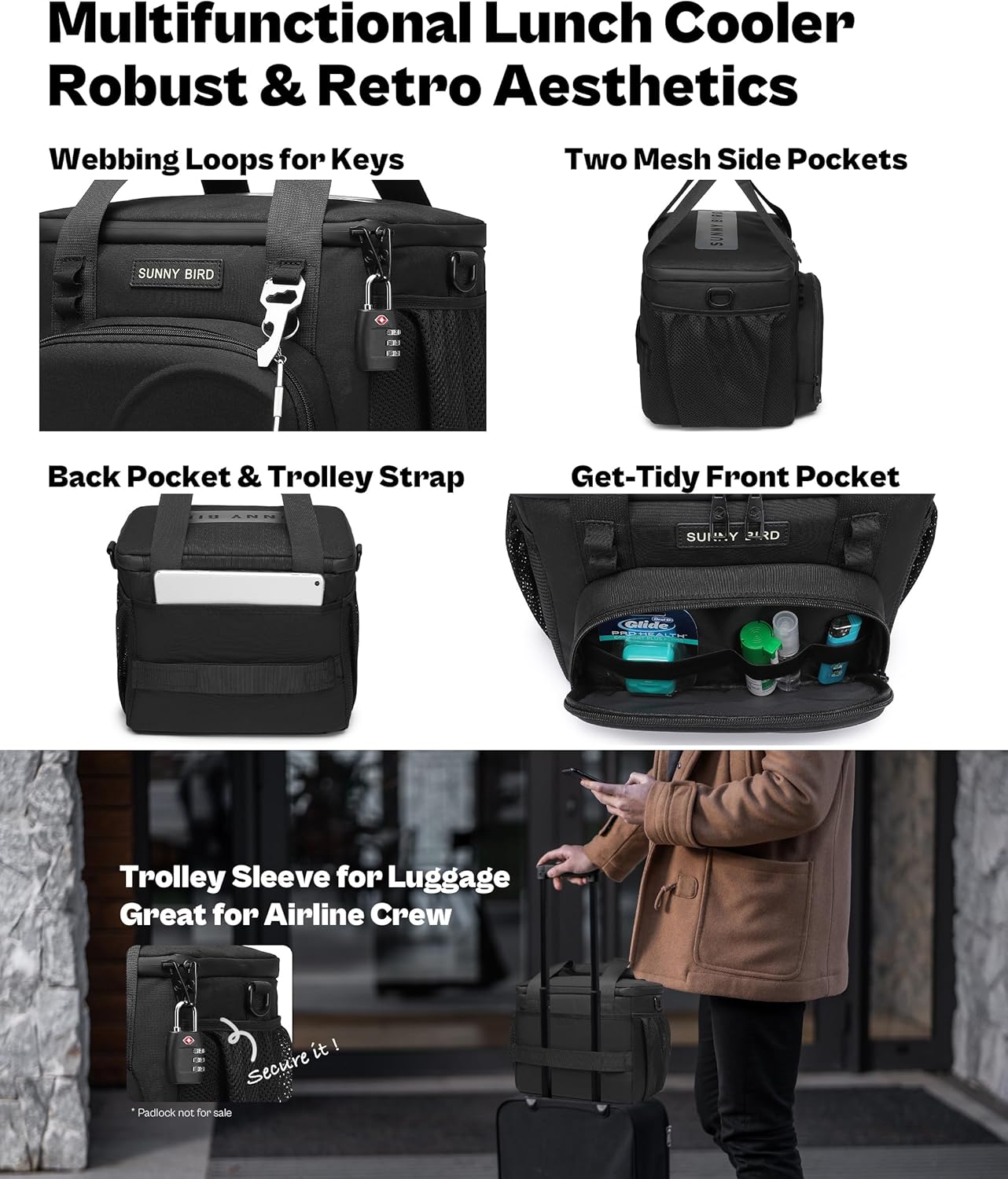 SUNNY BIRD 12L Large Insulated Lunch Bag, Leakproof and Foldable Lunch Cooler Box for Women Adult and Men, Fits 18 Cans (Black 01) - Image 6