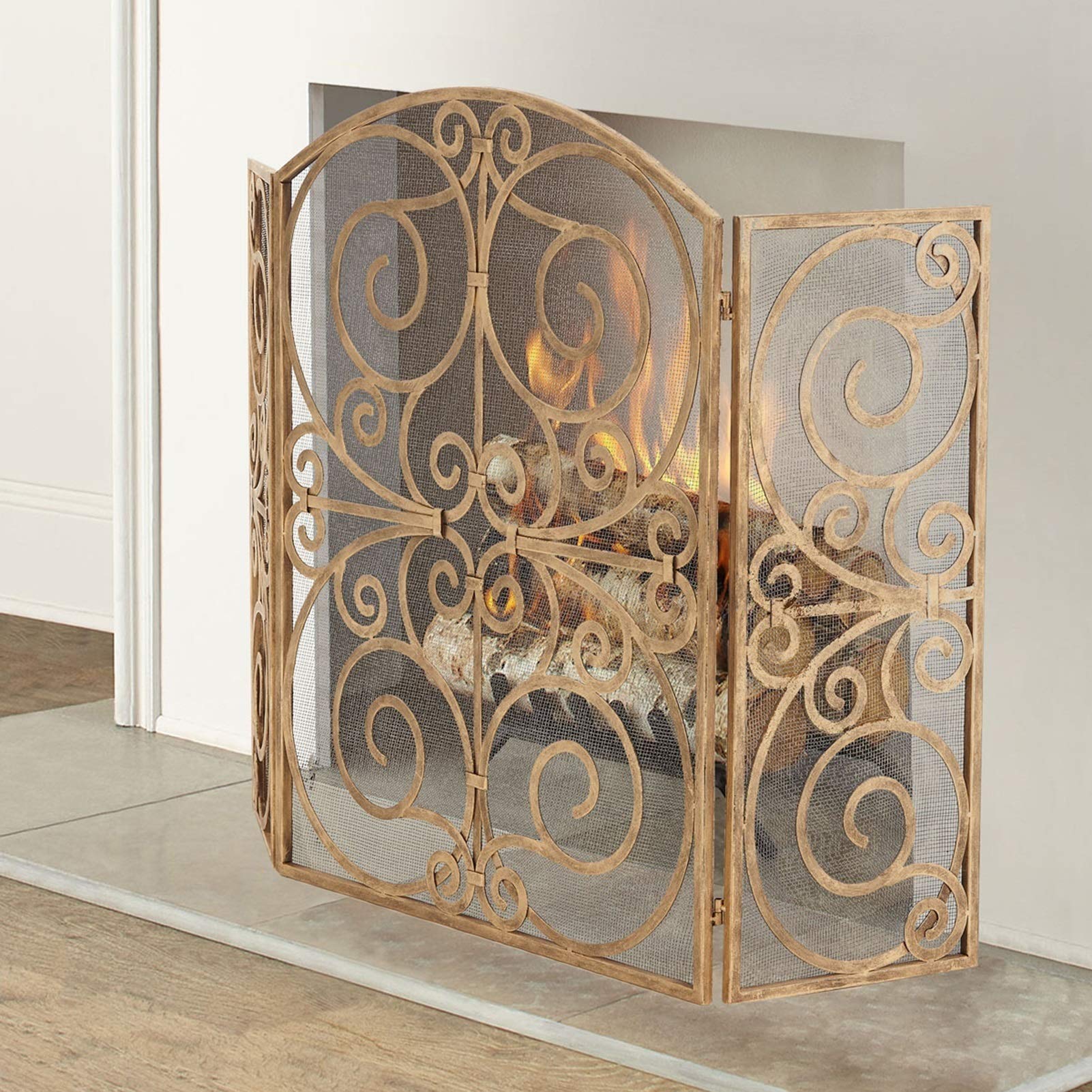 3-panelowa osłona kominkowa w stylu vintage, wolnostojąca metalowa osłona przeciwiskrowa w kolorze starego złota, osłona przeciwpożarowa do kominka i pieca - 49,6 × 33 cali vision