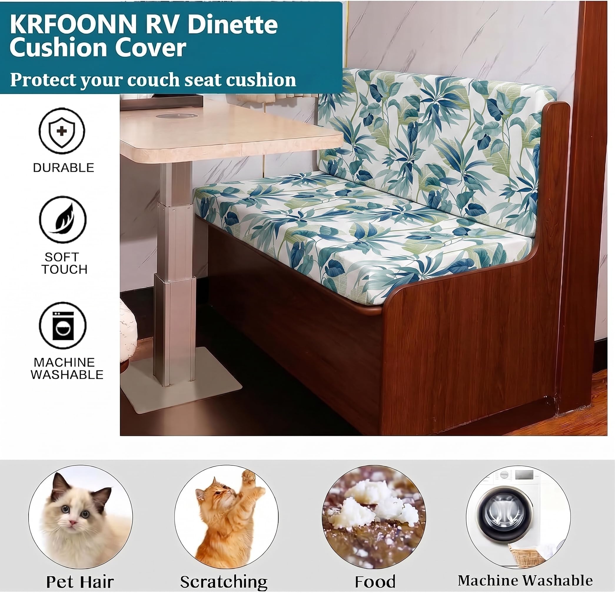LiveGo Housse de coussin de rechange extensible pour canapé de véhicule récréatif, housse de coussin de rechange pour banc de camping-car, housses de dossier et housses de banc (feuilles F)