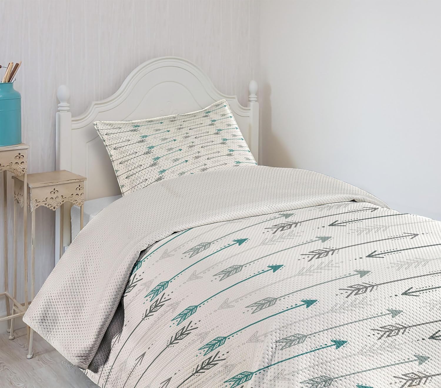 Ambesonne Teal Coverlet, Retro Arrow Pattern in Horizontal Line Heading to Opposite Directions Art Print, 2 Piece Decorative Quilted Bedspread Set with 1 Pillow Sham, Twin Size, Grey Teal White