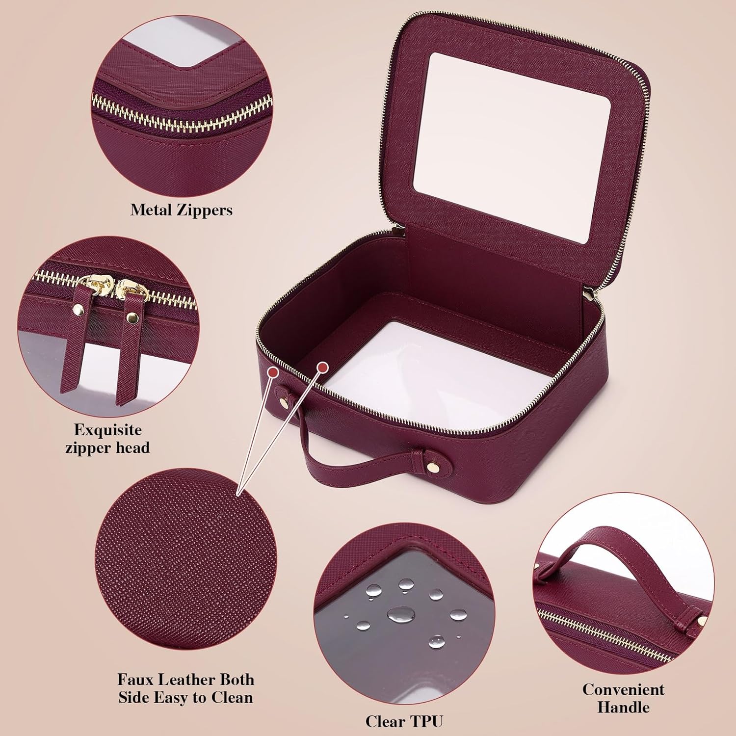 Pinkmik Clear Makeup Bag Waterproof Travel Case for Cosmetics and Toiletries Women's Purse Organizer and Clear Car Bag with Zipper (X/Burgundy, L+M+MINI) - Image 6