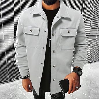 Mens Wool Blend Jacket Coat Collared Fall Winter Coats Casual Snap Button Soft Warm Outerwear with Chest Pockets