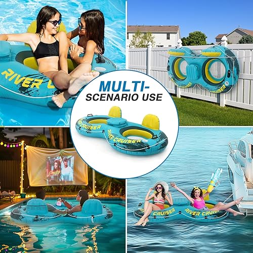 Miniatura 9 de 2025 Upgrade River Tube Floats for Adults Heavy Duty Pool Floats Inflatable Water Tube with Cup Holeder, Drink Cooler and Mesh Bottom Backrest (2