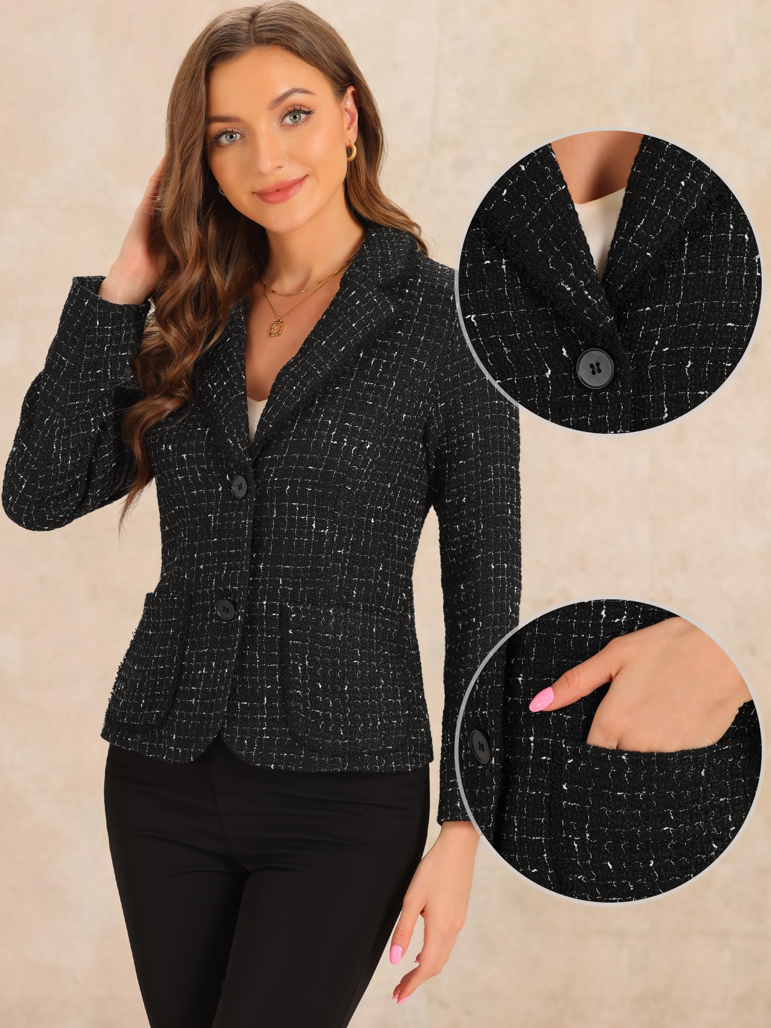 Allegra K Veste en Tweed à Carreaux Femme avec Bouton à Revers Cranté Blazer Élégant à Manches Longues | Style vintage élégant, manches longues, automne hiver, boutonné, poches avant