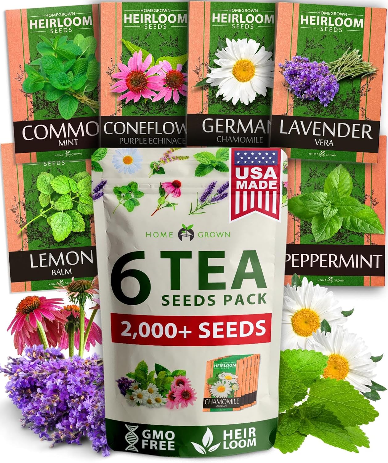 Product image of HOME GROWN Medicinal Herb Seeds Vault – 2,000+ Seeds, 6 𝗡𝗢𝗡-𝗚𝗠𝗢 𝗨𝗦𝗔 Heirloom Varieties for Indoor & Outdoor Garden – Lavender, Chamomile,Mint,Lemon Balm,Peppermint,Echinacea +Garden Markers