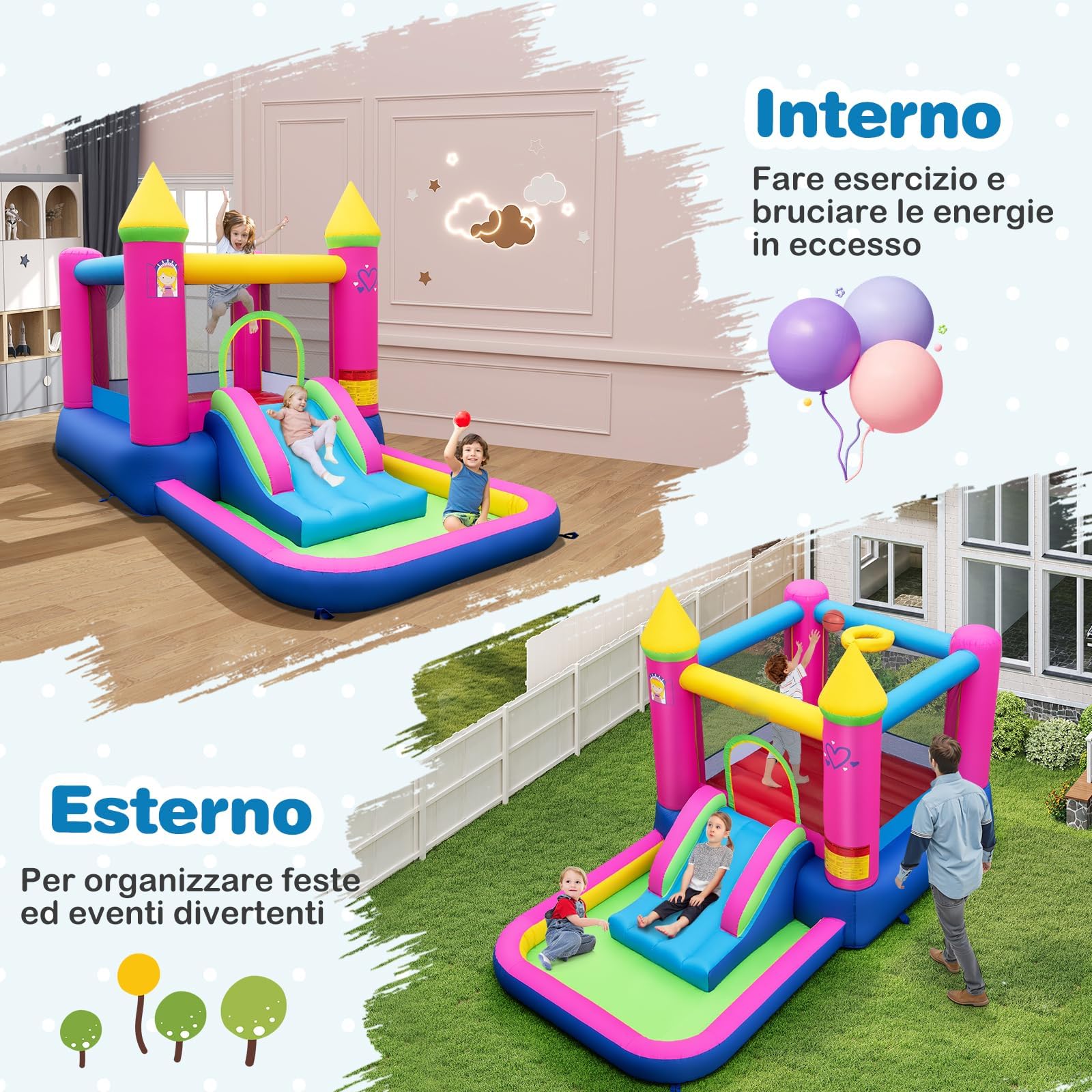 RELAX4LIFE Castello Gonfiabile per Bambini 363x202x205cm | Trampolino e Scivolo in Tessuto Oxford con Piscina, con Sacca, Interno ed Esterno, Senza Soffiatore
