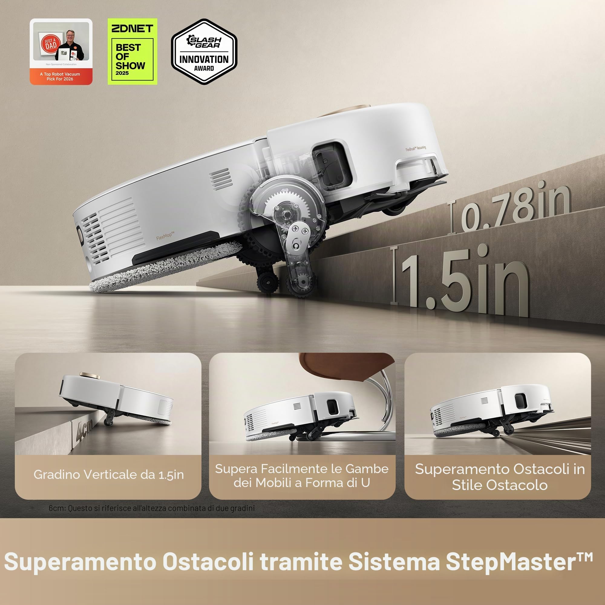 Mova V50 Robot aspirapolvere e scopa ultra completa, aspirazione 24.000 Pa, navigazione sollevabile con superare gli ostacoli e scopa ad acqua calda con sistema DuoSolution progettato per