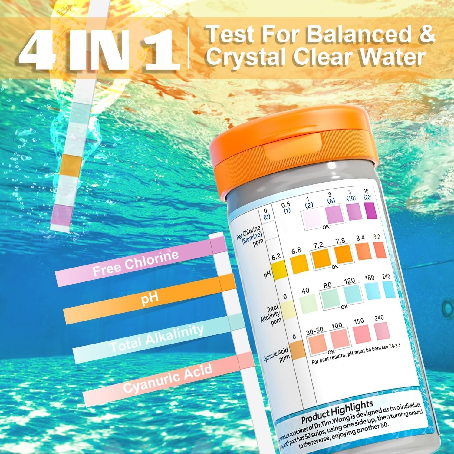 Strisce di prova per piscina e vasca idromassaggio - Kit di test di precisione medica 3-1 4-1 7-1 per piscina - Test di pH, cloro libero (bromo), alcalinità totale e acido cianurico e