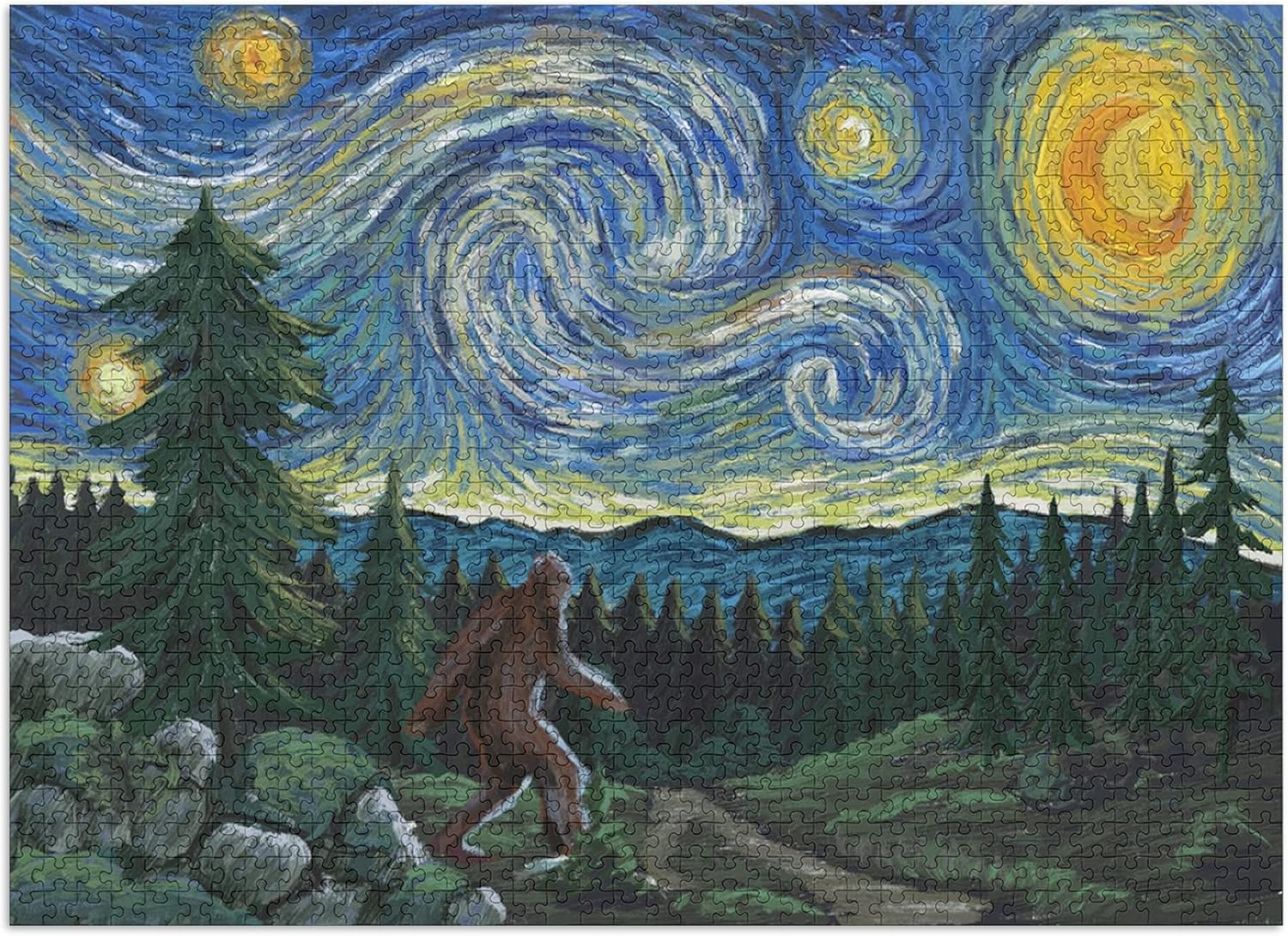 Bigfoot Starry Night 1000 Piece Jigsaw Puzzle – Hand Drawn Original Artwork, Ribbon Cut, Premium Quality Puzzle for Adults & Families, Made in USA