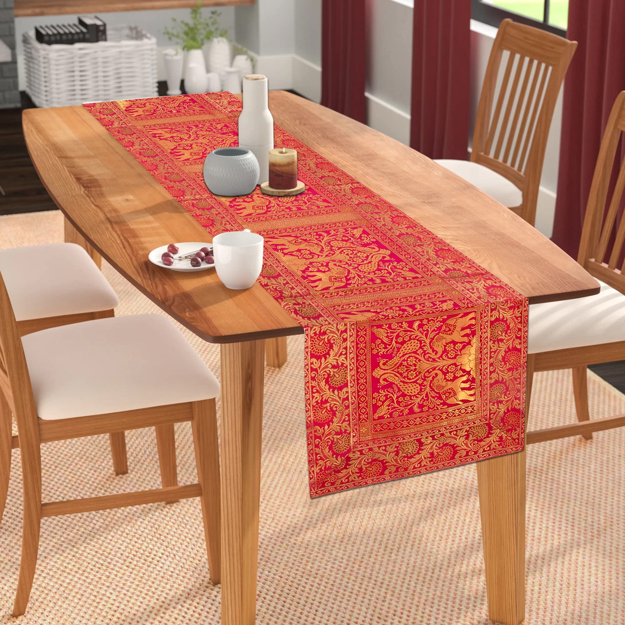 Christmas Diwali Room Decor Gift Gold Banarasi Brocade Silk Table Runner for Dining Table 6 & 4 Seater Peacock Centre Top Rectangle ( 60x16 Inches, 152 x 40 cm, Rani Gold)-image-8
