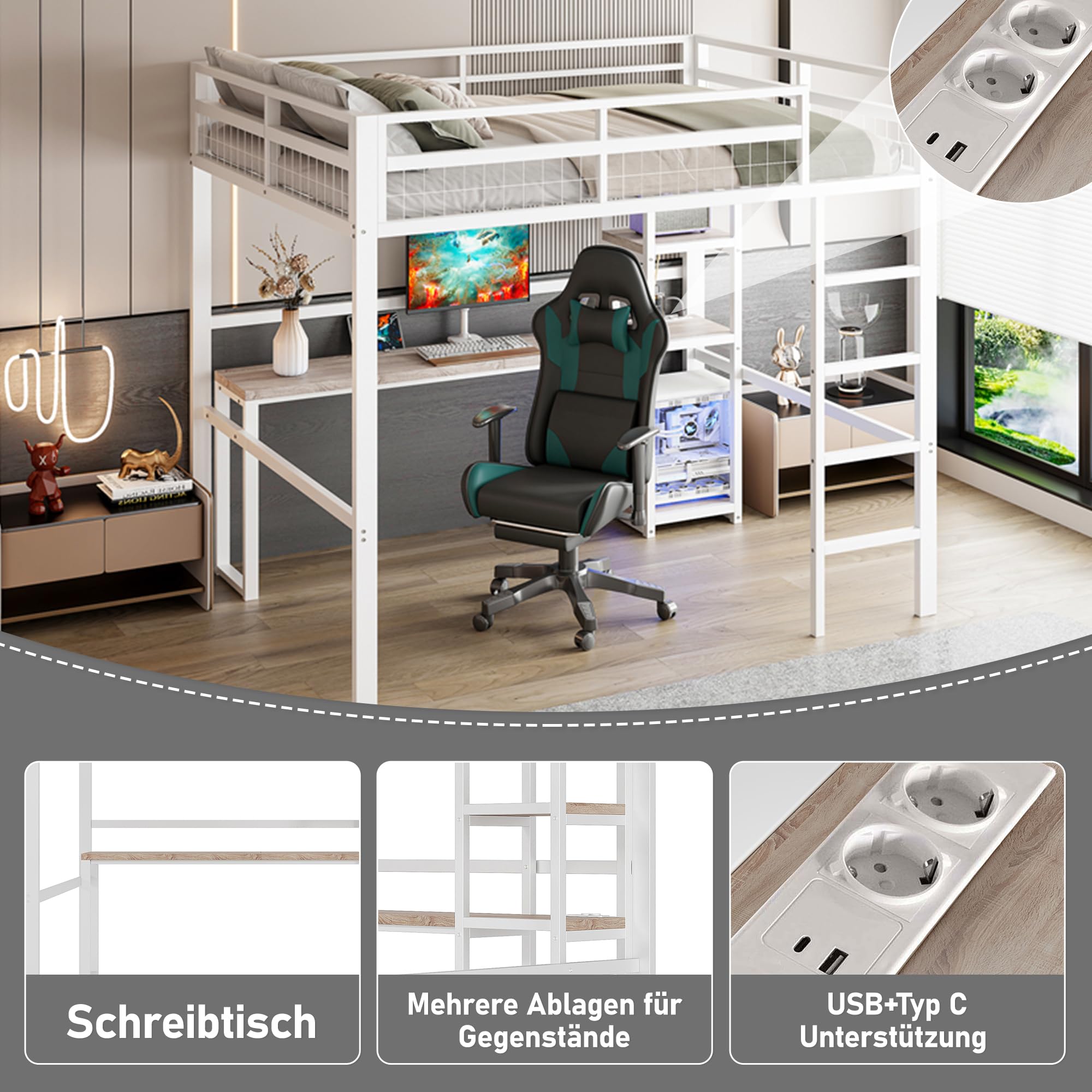Kebnor Cama alta de 140 x 200 cm, marco de hierro, varios estantes, escritorio con enchufe, barandilla, escalera blanca (sin colchón)