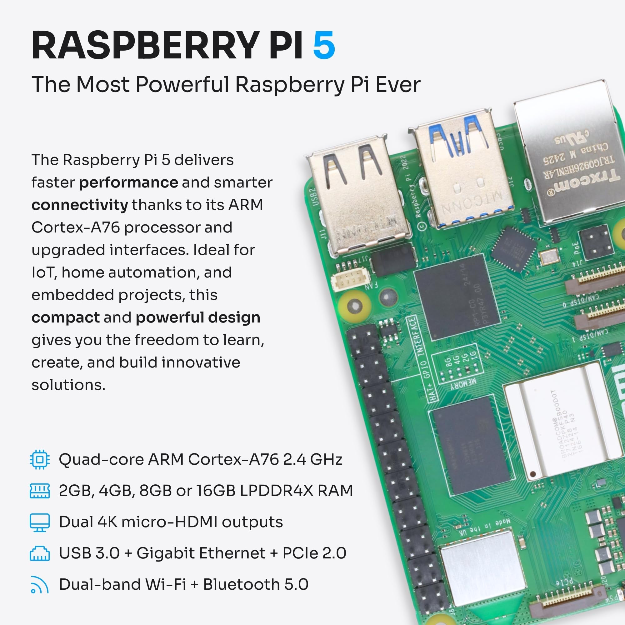 Starter Kit per Raspberry Pi 5 8 GB - Server Edition | Scheda MicroSD da 32 GB | Alimentatore da 27 W | Raffreddatore attivo | Bumper in silicone