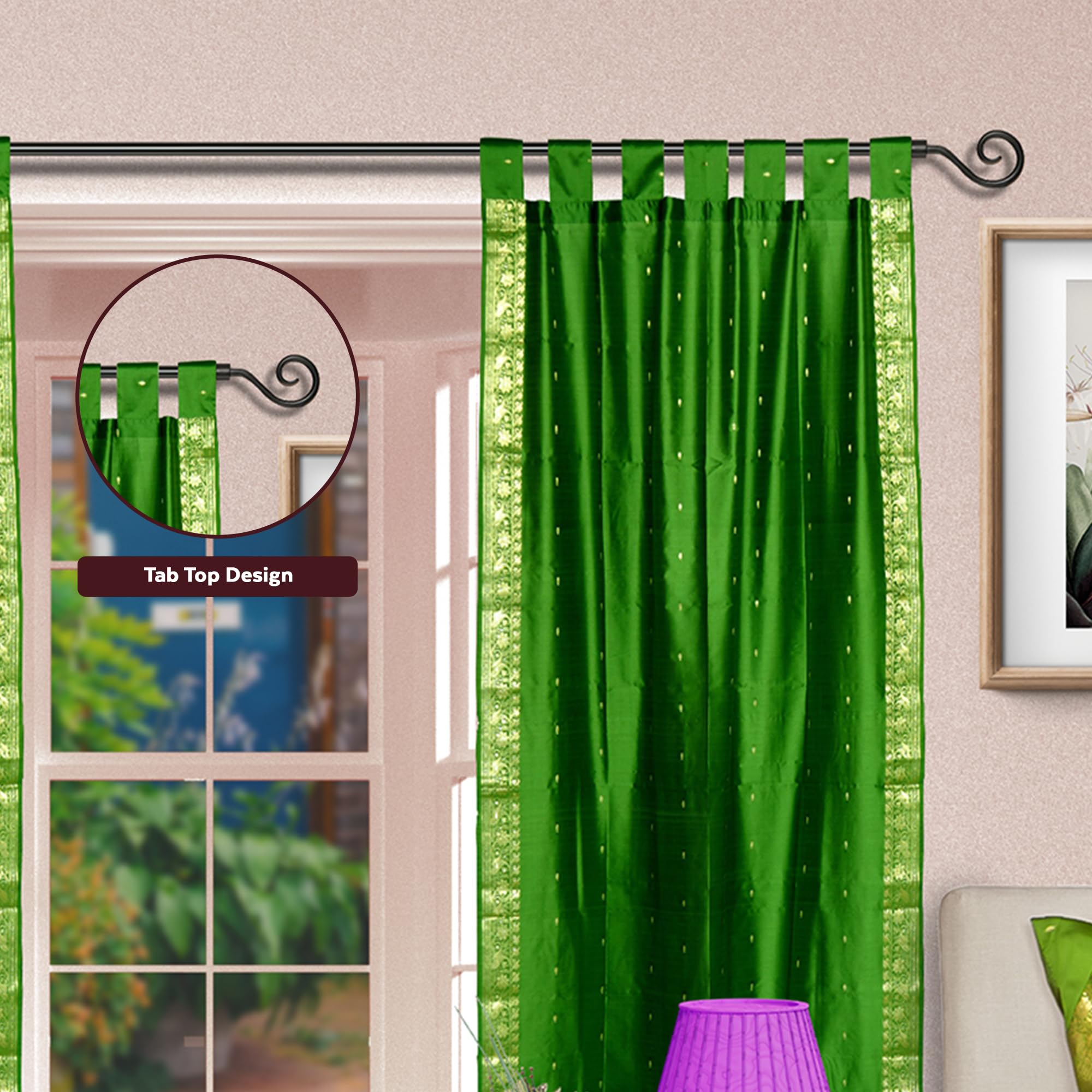 Indian Selections Forest Green Sari Sheer Curtains - 60x84 Inches, Tie Top, Pair
