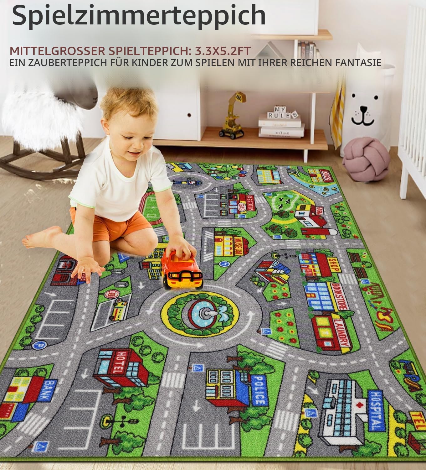 Capslpad Autoteppich Kinder 100x160cm rutschfest Kinderteppich Stadtplan Interaktiver Spielteppich Waschbar Kreativ Pädagogisch Spielmatte für Kinder Teenager Kinderzimmer Spielzimmer Dekor, Grün