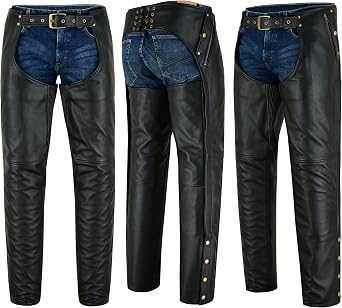 Mens Leather Motorcycle Chaps Premium Cowhide, Adjustable Fit, Dual Zipper Pockets, Black Riding Gear for Bikers