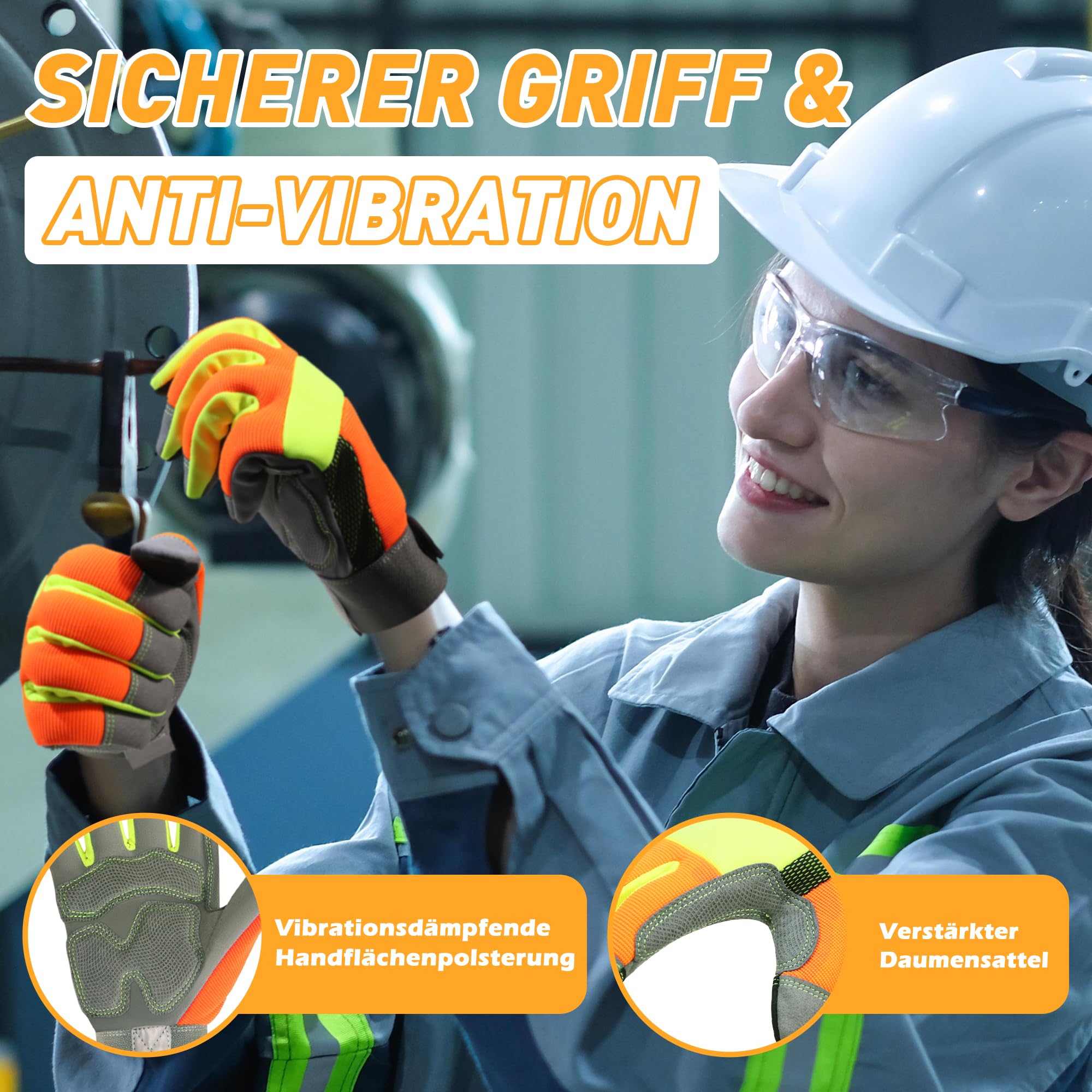 HANDLANDY 6 Paar Anti-Vibrations-Handschuhe, hochsichtbare reflektierende Sicherheits-Arbeitshandschuhe, Touchscreen, flexible Spandex-Rückseite, Anti-Vibrations-Handschuhe (L, Orange)