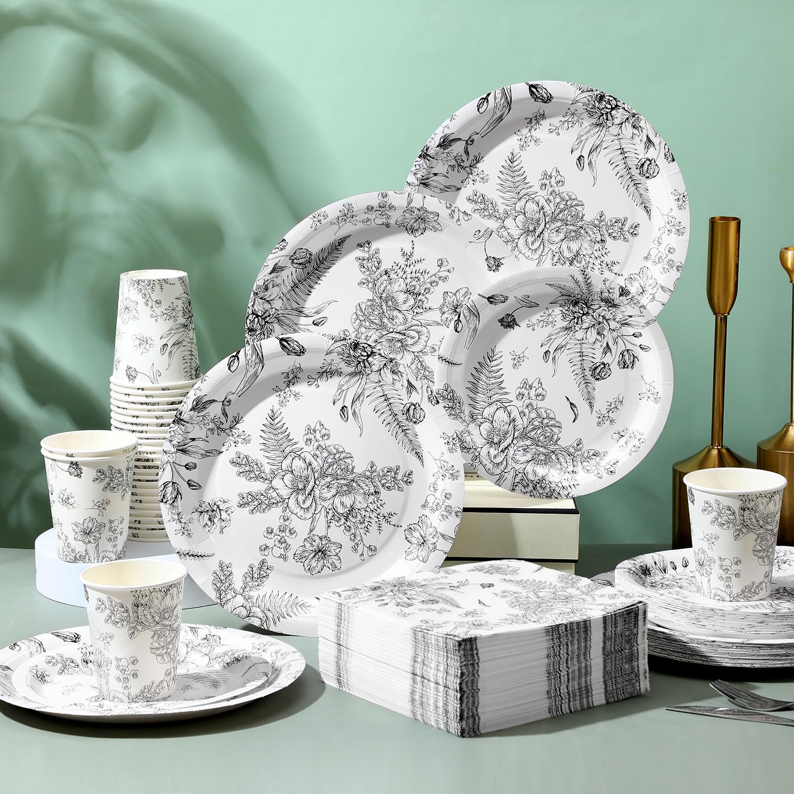 Dandat Set da tavola usa e getta, piatti di carta, tovaglioli, bicchieri, vintage, per feste, piatti di carta usa e getta, tovaglioli per matrimoni, addio al nubilato, feste (nero, floreale)