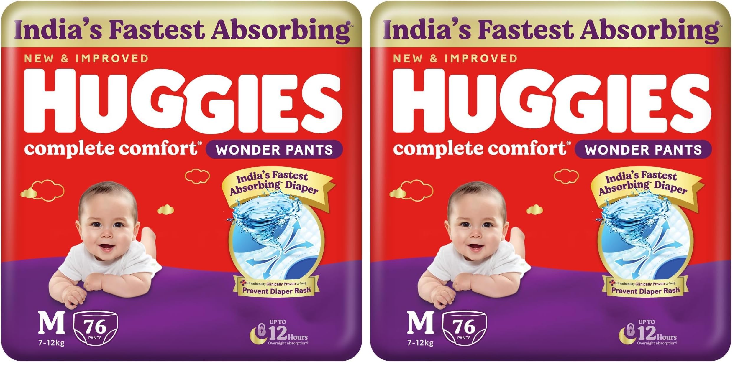 Huggies Complete Comfort Wonder Pants | Pant Style Baby Diapers Medium Size (M), 76 Count | India's Fastest Absorbing Diaper, Prevents Diaper Rash, Ideal for 7 to 12 Kgs (Pack of 2)