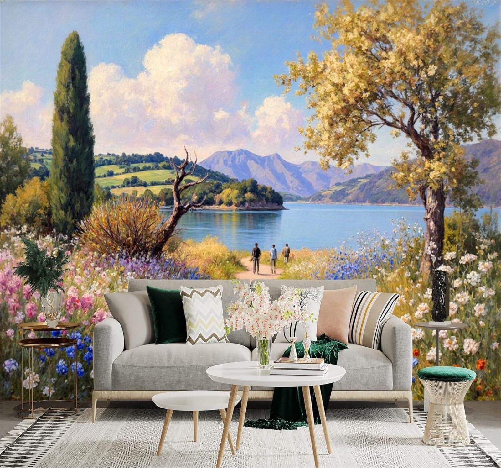 XLMING Picturesque Lakeside Footpath Wildflowers in Bloom Mountains Blue Sky 3D Wallpaper Premium Textured Silk Study Dining Living Room Bedroom Sofa TV Wall Easy Install-400cm×280cm
