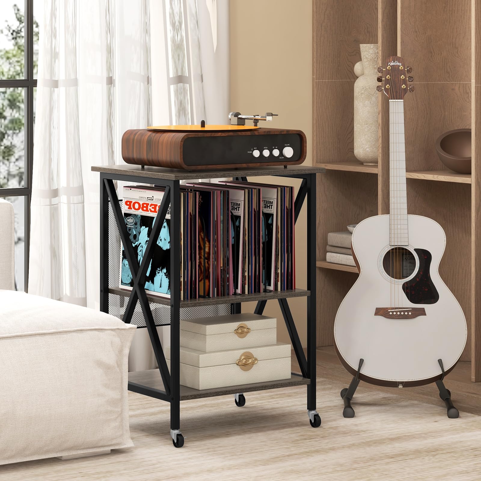 COSTWAY Meuble Tourne-Disque Vinyle avec Prise, Table d’Appoint à Roulette avec Station de Charge, 2 Prises, 1 USB, 1 Type-C, Bout de Canapé, Support Tourne-Disque Industriel (Gris)