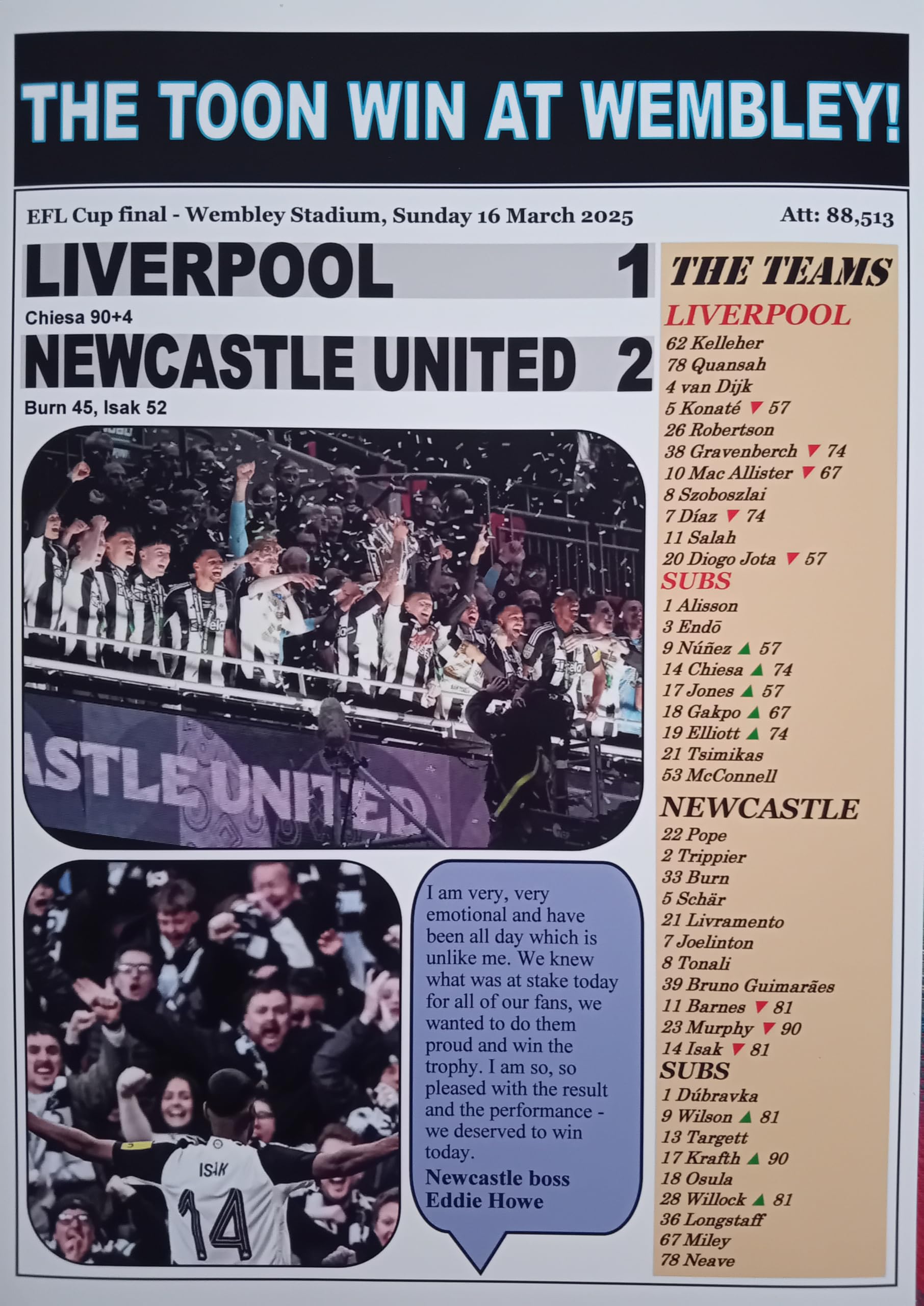 Assorted Multicoloured Liverpool 1 Newcastle United 2-2025 Efl Cup Final - Souvenir Print
