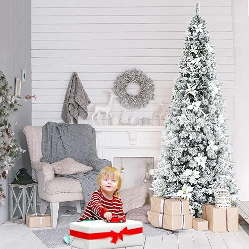 Miniatura 32 de Goplus Árbol de Navidad artificial flocado de nieve de 6 pies, árbol de Navidad con bisagras con soporte de metal plegable, bayas blancas y flores